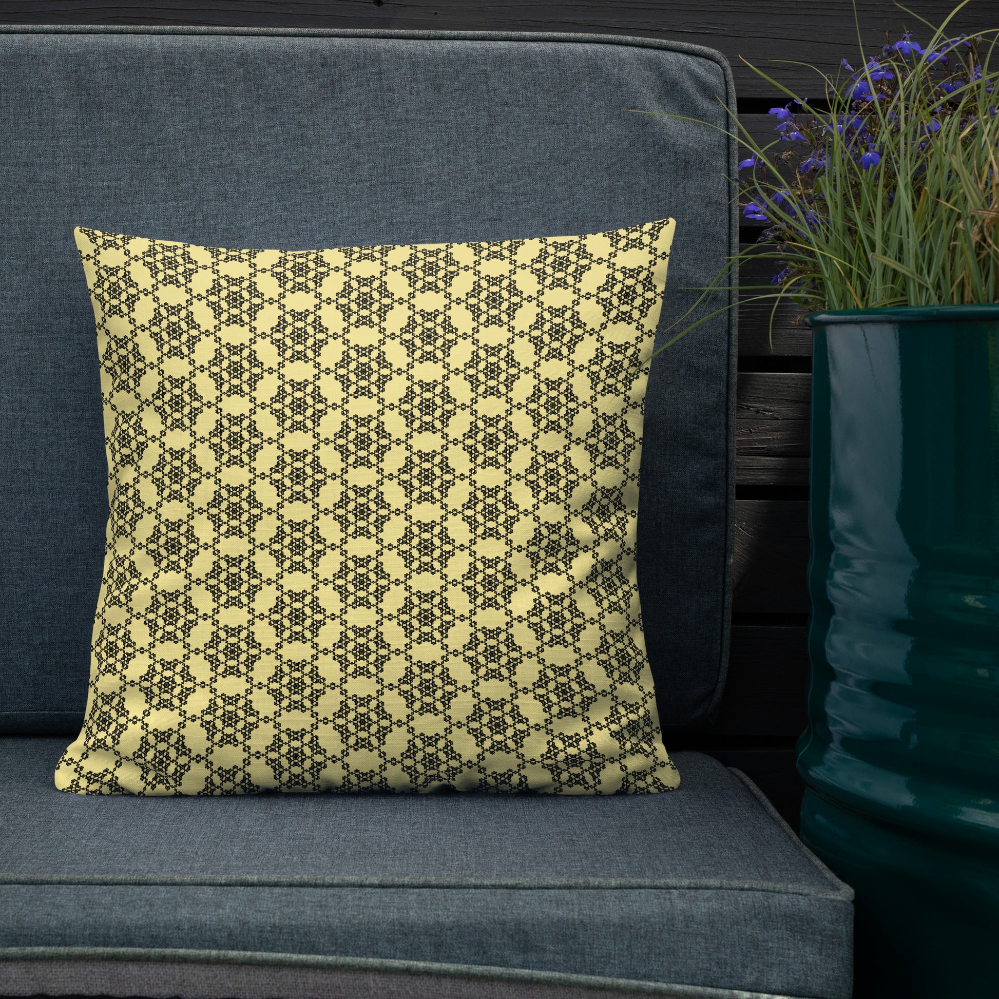 18″×18″ premium throw pillow with the 'Hexagon' yellow and black geometric pattern shown in a lifestyle setting.