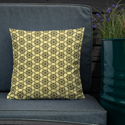 18″×18″ premium throw pillow with the 'Hexagon' yellow and black geometric pattern shown in a lifestyle setting.