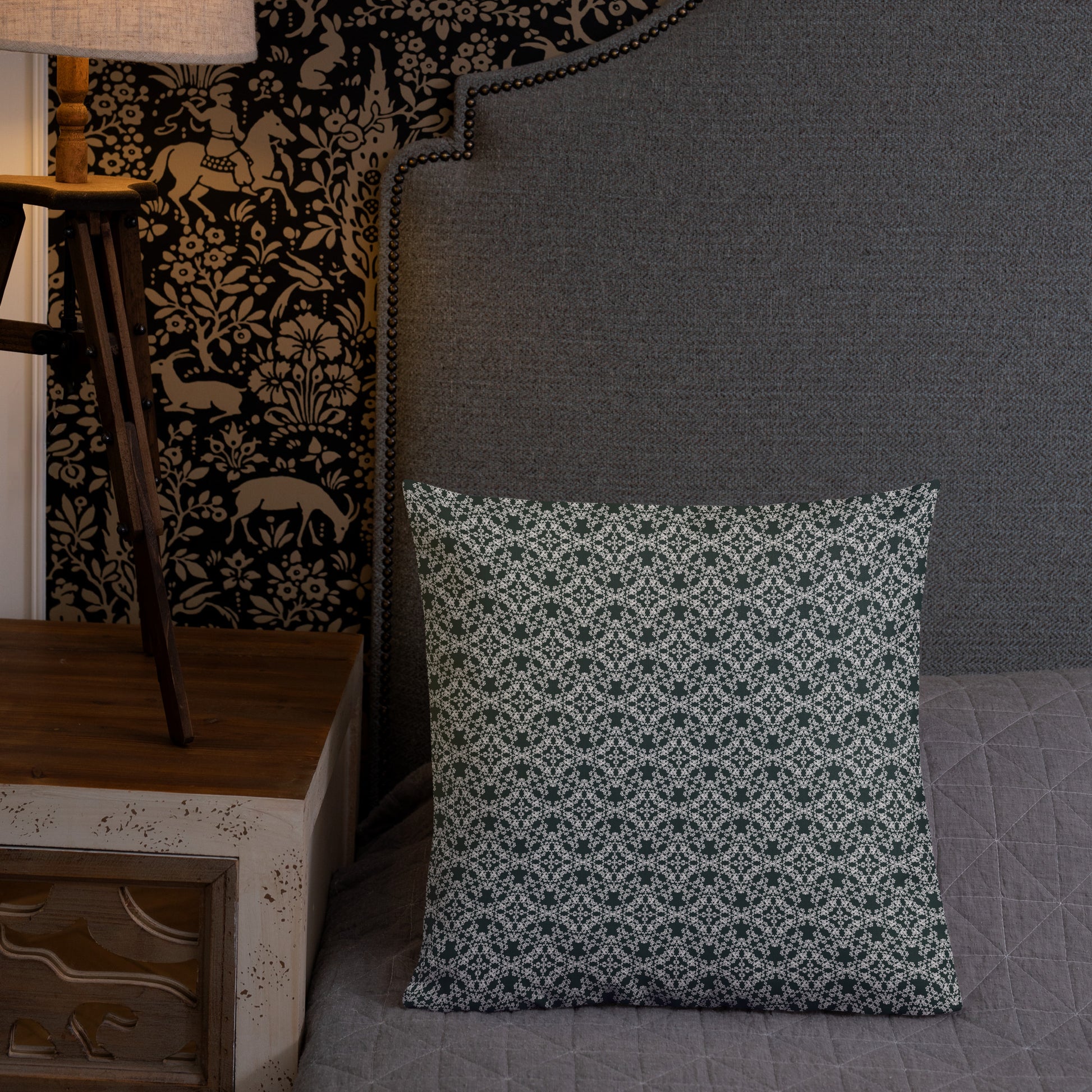 18″×18″ premium throw pillow with the 'Tetragon' charcoal and white geometric pattern shown in a lifestyle setting.