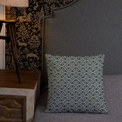 18″×18″ premium throw pillow with the 'Tetragon' charcoal and white geometric pattern shown in a lifestyle setting.