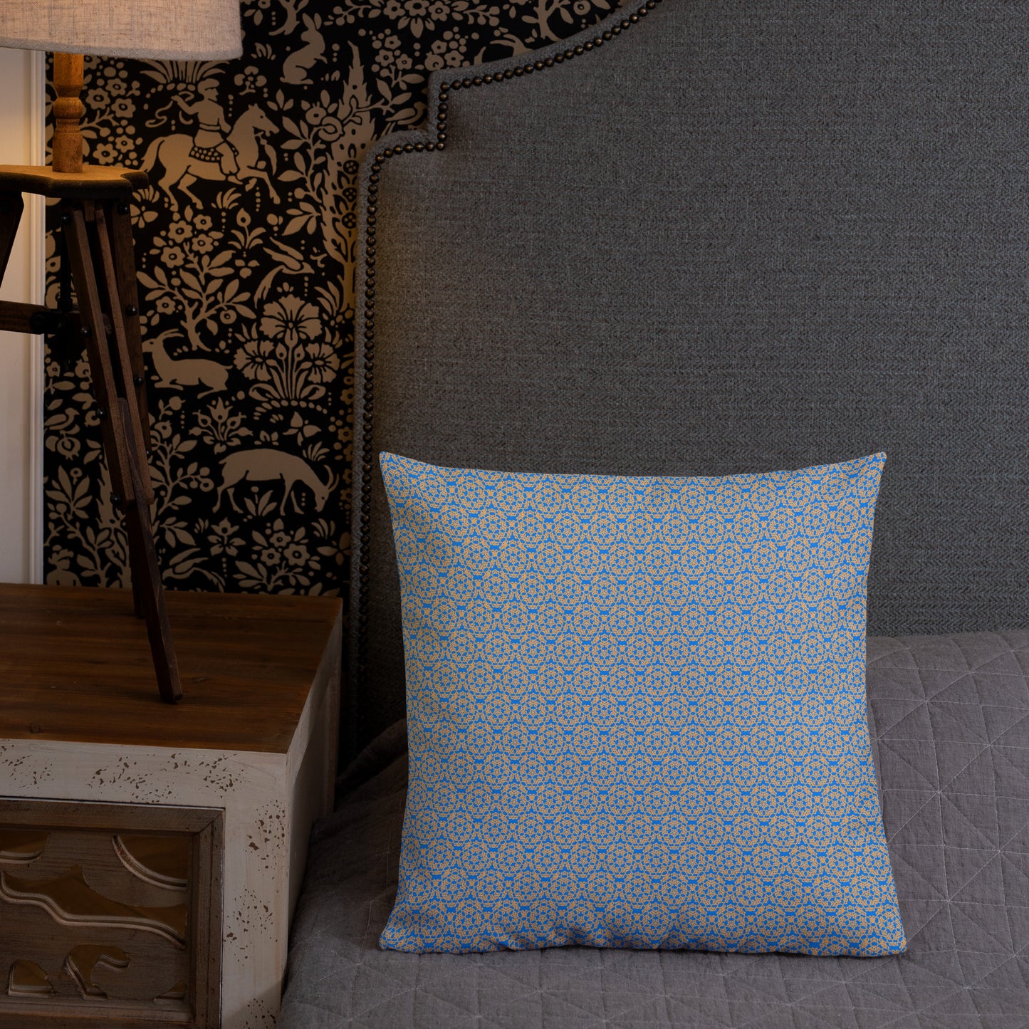 18″×18″ premium throw pillow with the 'Pentagon' blue and yellow geometric pattern shown in a lifestyle setting.