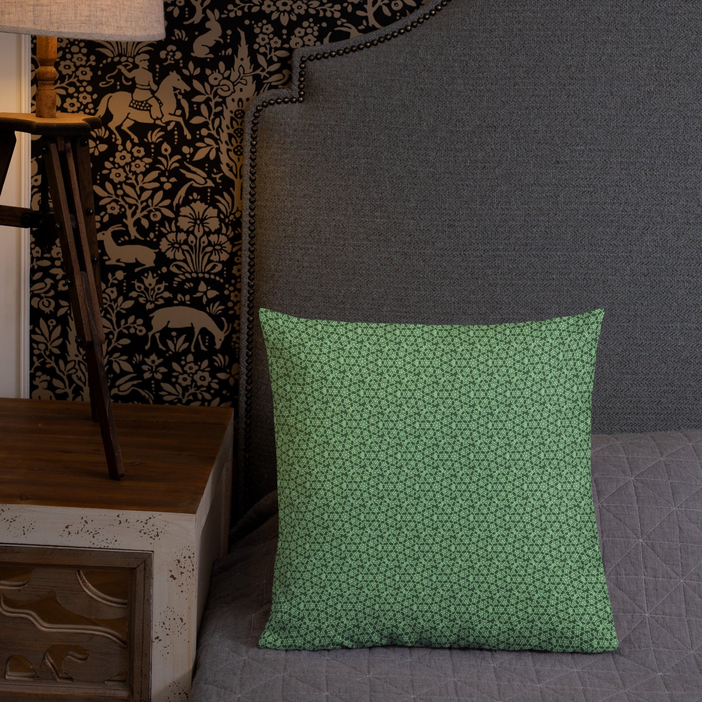 18″×18″ premium throw pillow with the 'Heptagon' green geometric pattern shown in a lifestyle setting.