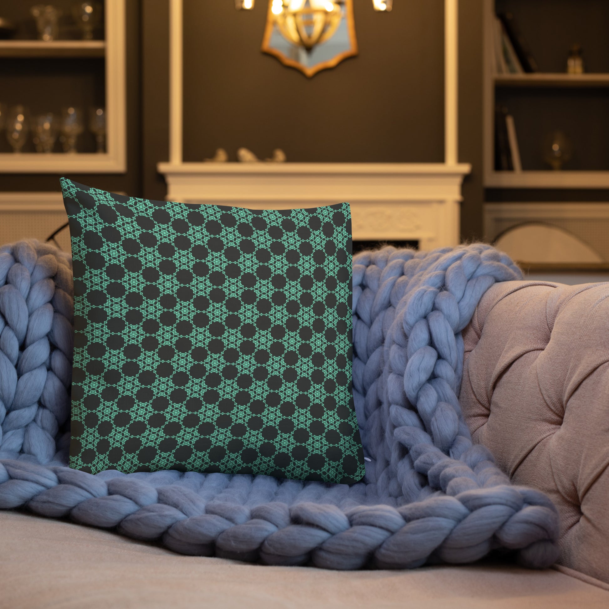 18″×18″ premium throw pillow with the 'Flowers Victory' charcoal and mint geometric pattern shown in a lifestyle setting.