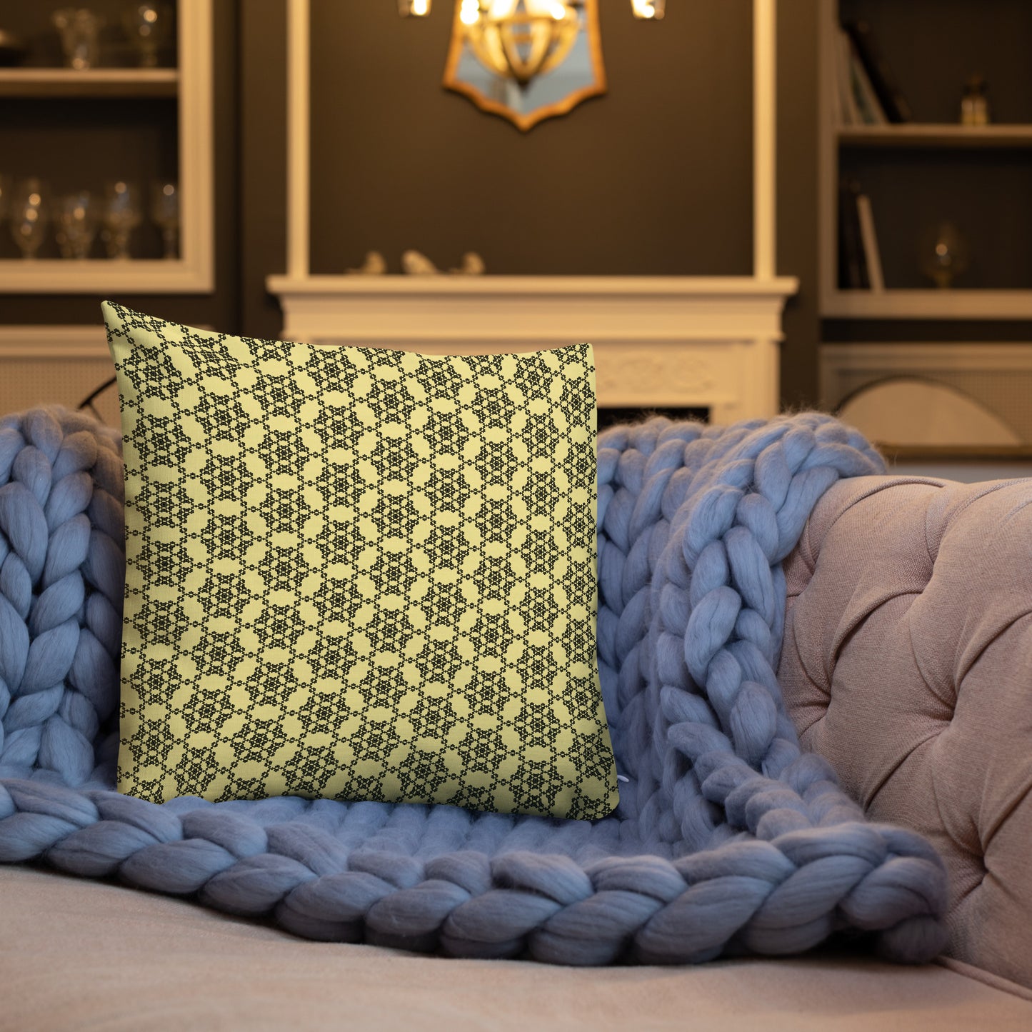 18″×18″ premium throw pillow with the 'Hexagon' yellow and black geometric pattern shown in a lifestyle setting.