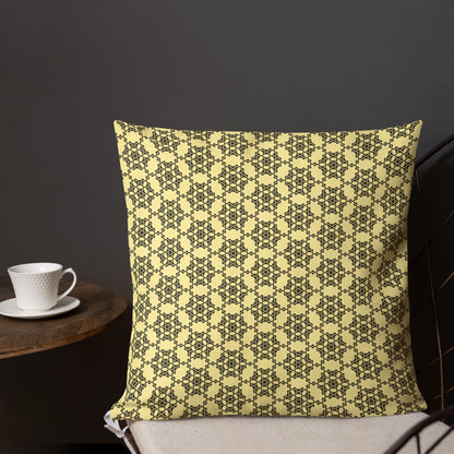 18″×18″ premium throw pillow with the 'Hexagon' yellow and black geometric pattern shown in a lifestyle setting.