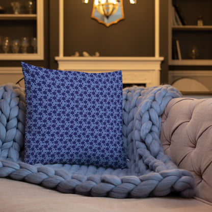 18″×18″ premium throw pillow with the 'Triagon' navy and blue geometric pattern shown in a lifestyle setting.
