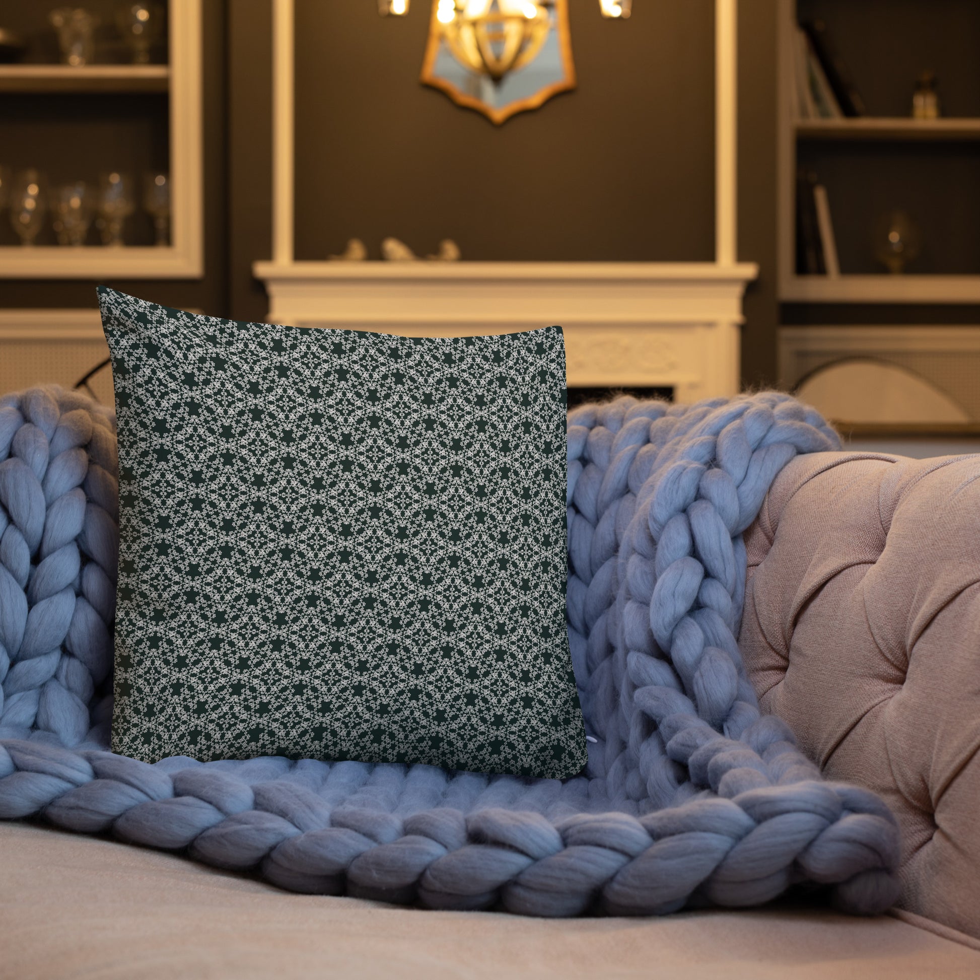18″×18″ premium throw pillow with the 'Tetragon' charcoal and white geometric pattern shown in a lifestyle setting.