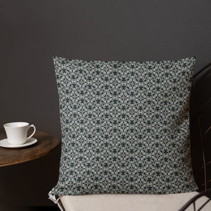 18″×18″ premium throw pillow with the 'Tetragon' charcoal and white geometric pattern shown in a lifestyle setting.