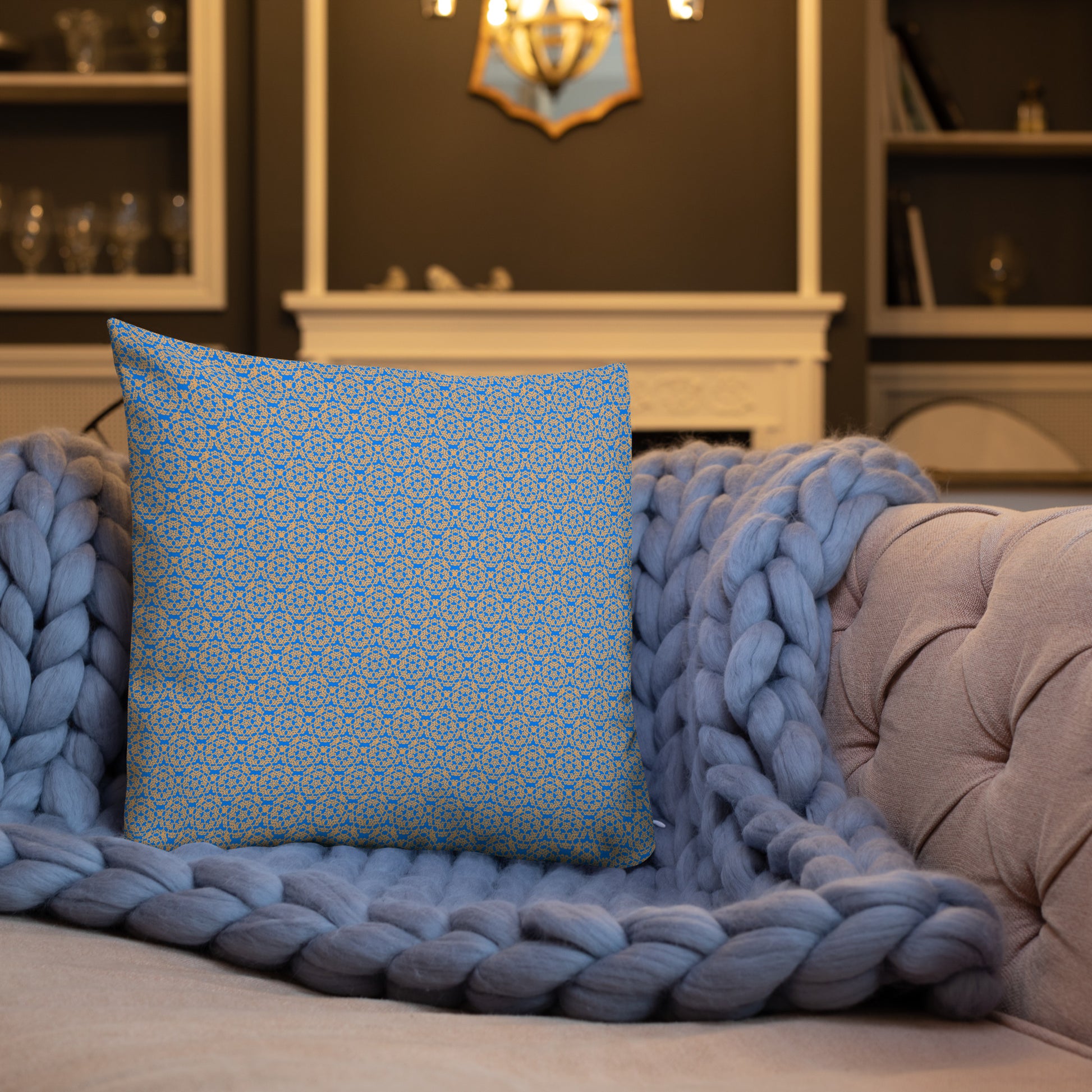 18″×18″ premium throw pillow with the 'Pentagon' blue and yellow geometric pattern shown in a lifestyle setting.