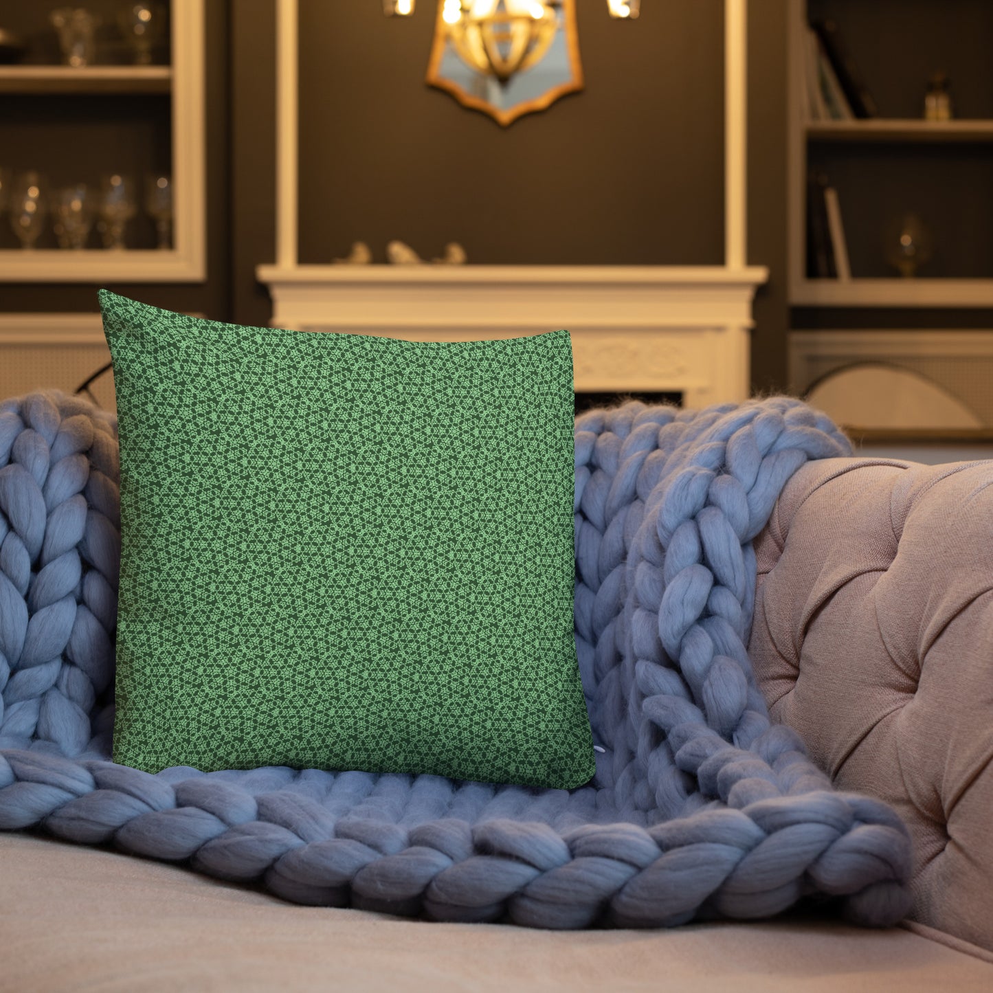 18″×18″ premium throw pillow with the 'Heptagon' green geometric pattern shown in a lifestyle setting.