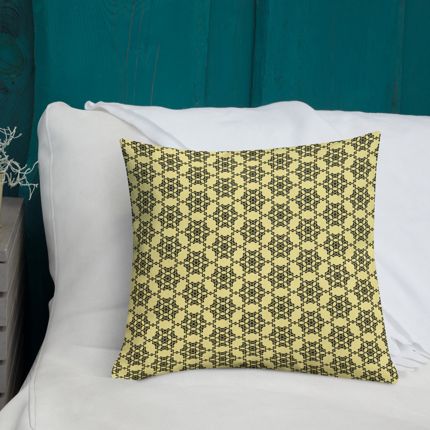 18″×18″ premium throw pillow with the 'Hexagon' yellow and black geometric pattern shown in a lifestyle setting.