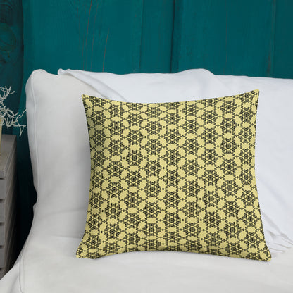 18″×18″ premium throw pillow with the 'Hexagon' yellow and black geometric pattern shown in a lifestyle setting.