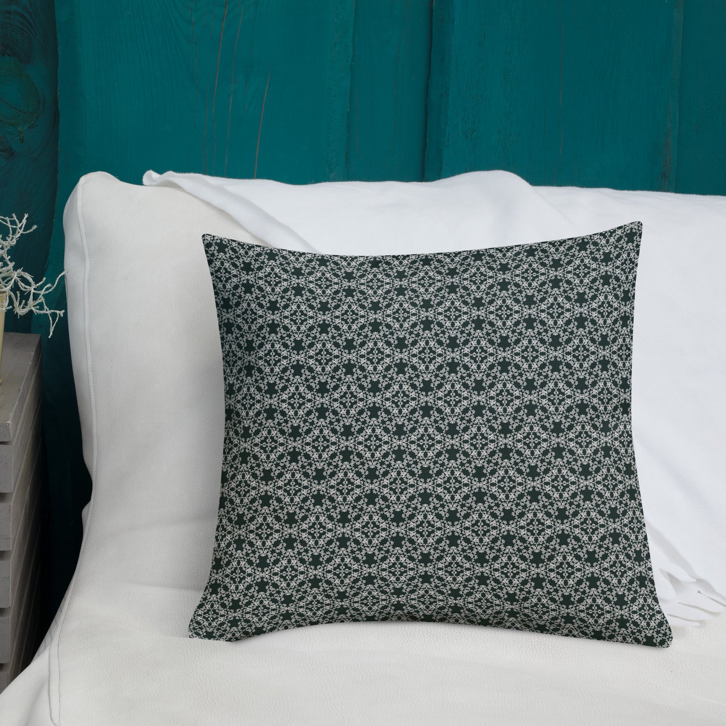 18″×18″ premium throw pillow with the 'Tetragon' charcoal and white geometric pattern shown in a lifestyle setting.