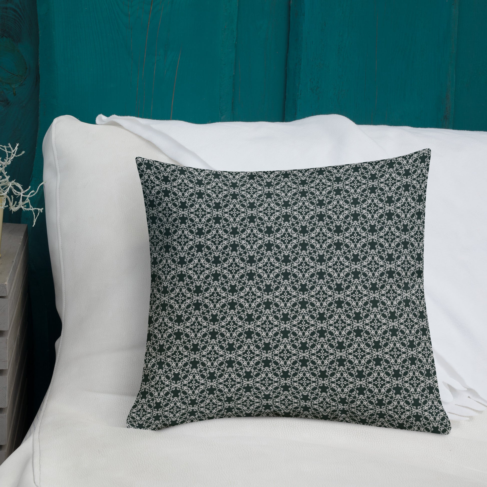 18″×18″ premium throw pillow with the 'Tetragon' charcoal and white geometric pattern shown in a lifestyle setting.