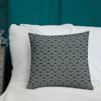 18″×18″ premium throw pillow with the 'Tetragon' charcoal and white geometric pattern shown in a lifestyle setting.
