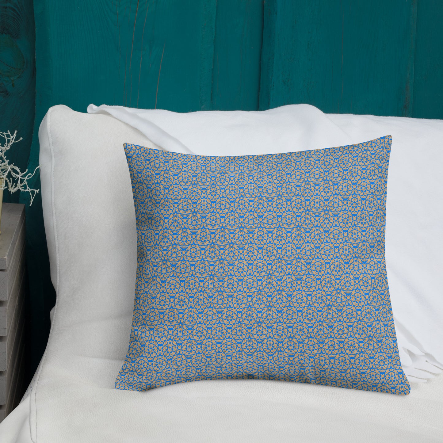 18″×18″ premium throw pillow with the 'Pentagon' blue and yellow geometric pattern shown in a lifestyle setting.