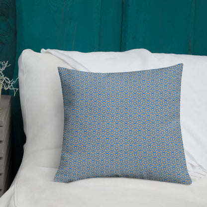 18″×18″ premium throw pillow with the 'Pentagon' blue and yellow geometric pattern shown in a lifestyle setting.