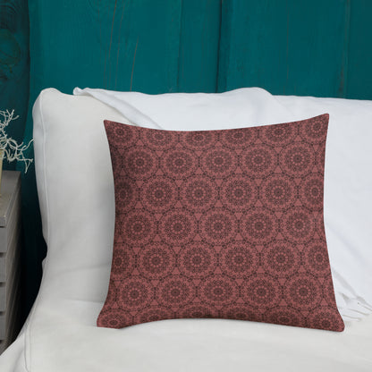 18″×18″ premium throw pillow with the 'Dodecagon' rose geometric pattern on white sofa with teal wooden wall.