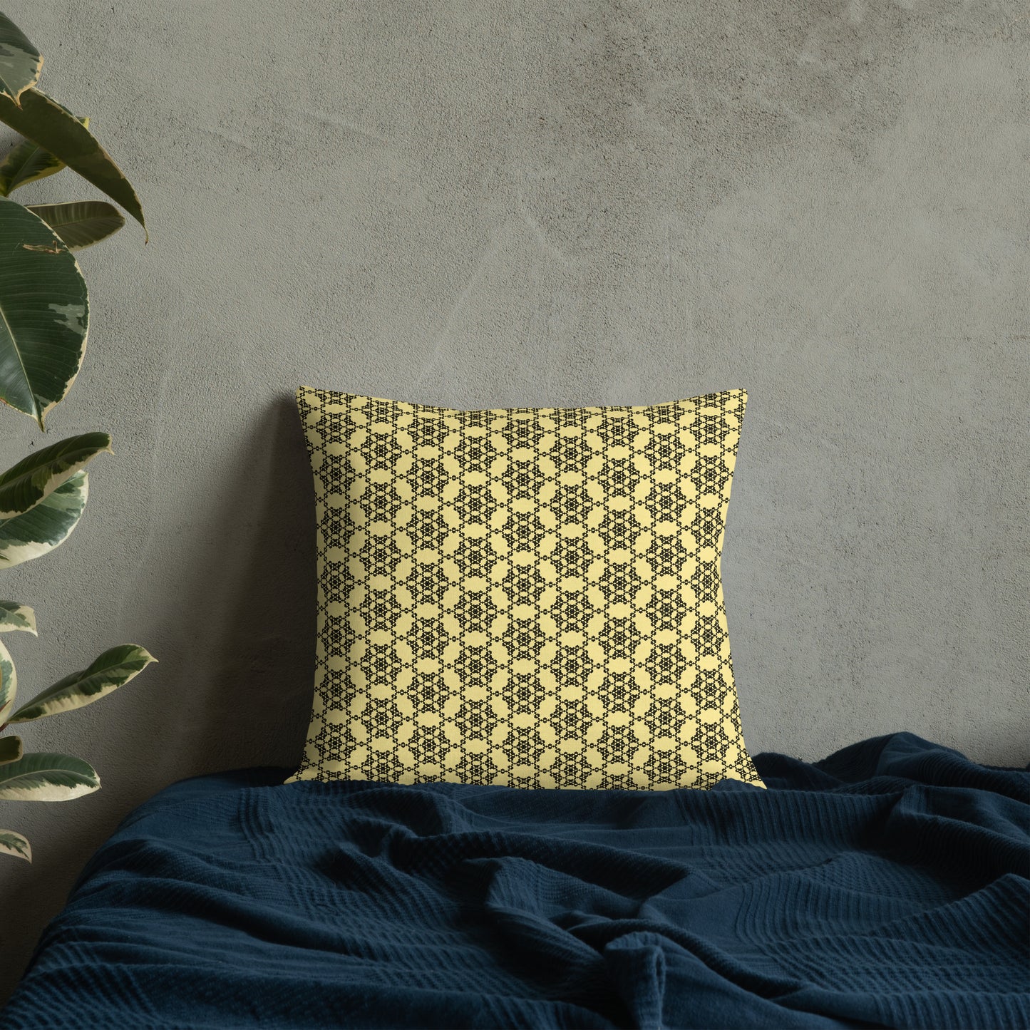 18″×18″ premium throw pillow with the 'Hexagon' yellow and black geometric pattern on a bed.