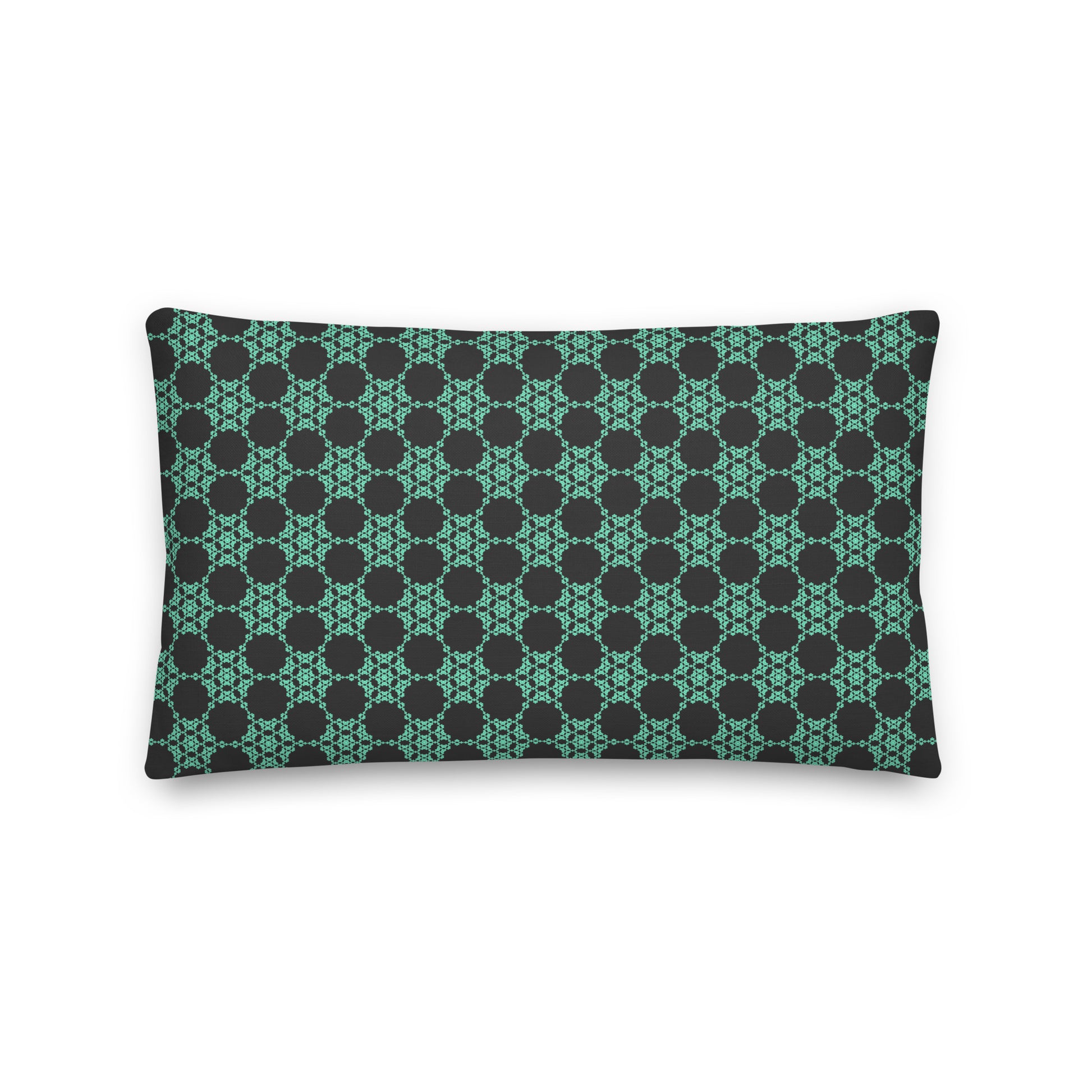 Back of the 20″×12″ premium throw pillow with the 'Flowers Victory' dark grey and green geometric pattern.