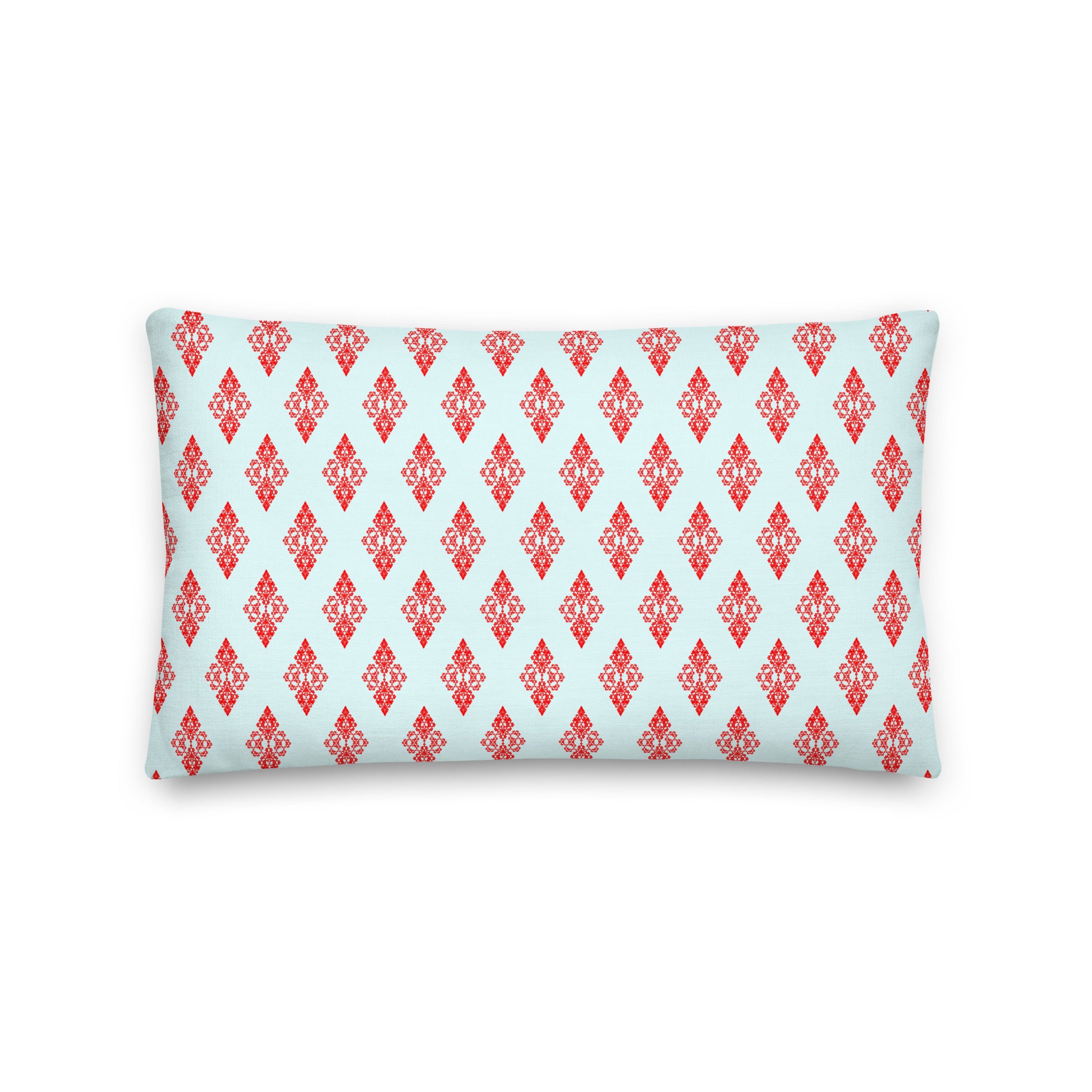 Back of the 20″×12″ premium throw pillow with the 'Digon' sky blue and red geometric pattern.