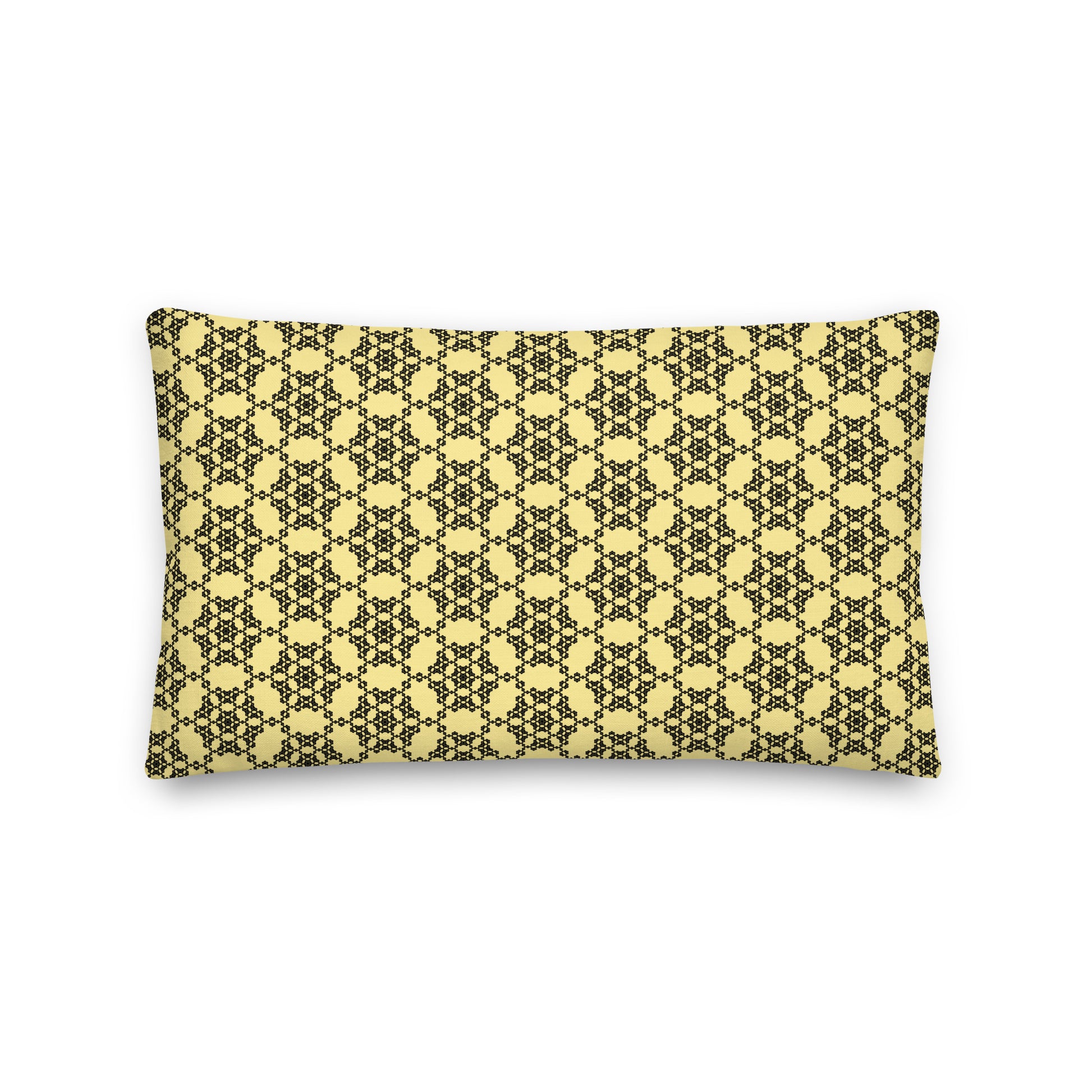 Back of the 20″×12″ premium throw pillow with the 'Hexagon' yellow and black geometric pattern.