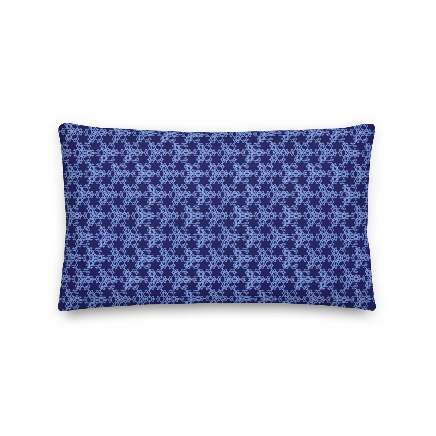 Back of the 20″×12″ premium throw pillow with the 'Trigon' navy and blue geometric pattern.