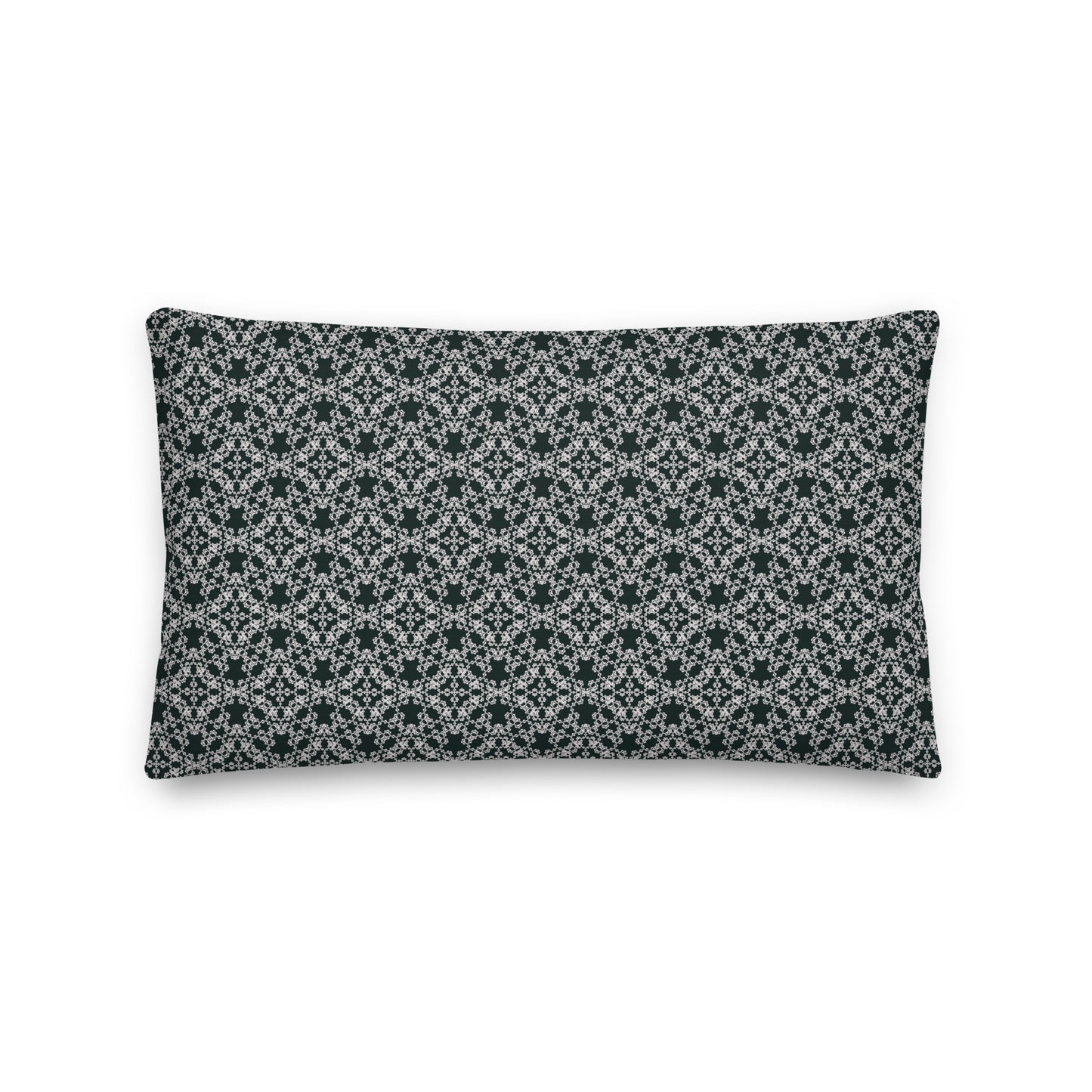 Back of the 18″×18″ premium throw pillow with the 'Tetragon' charcoal and white geometric pattern.