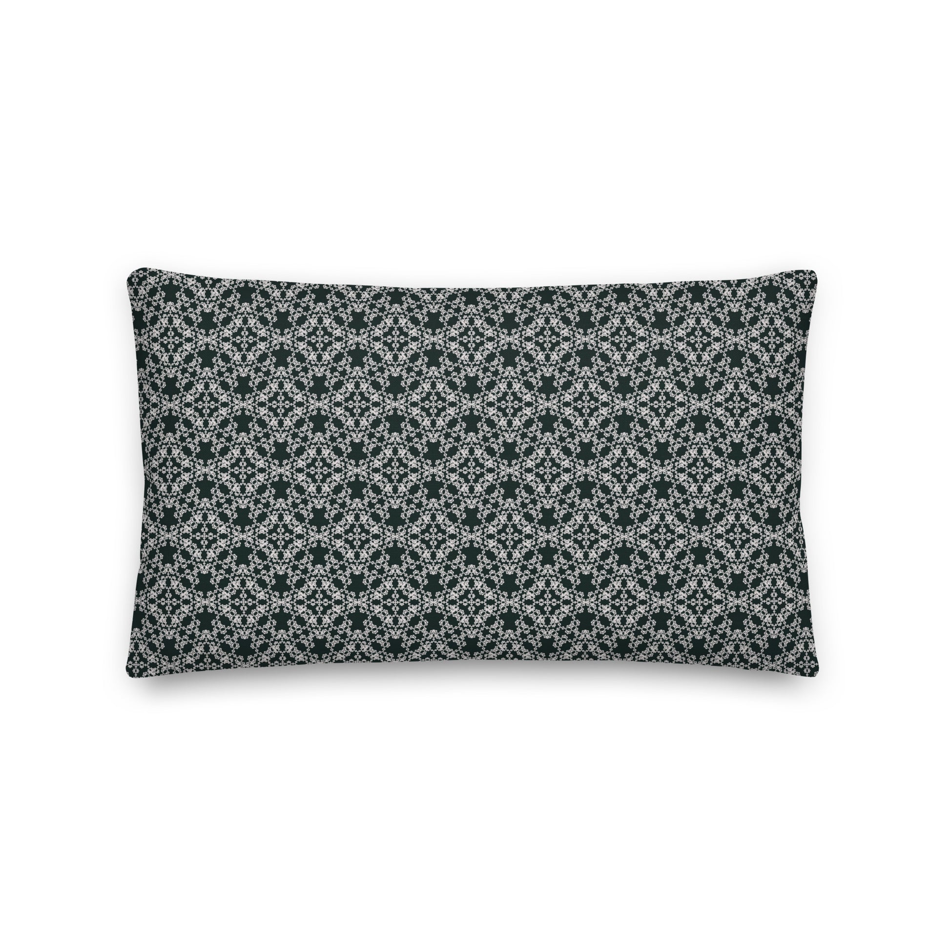 Back of the 18″×18″ premium throw pillow with the 'Tetragon' charcoal and white geometric pattern.