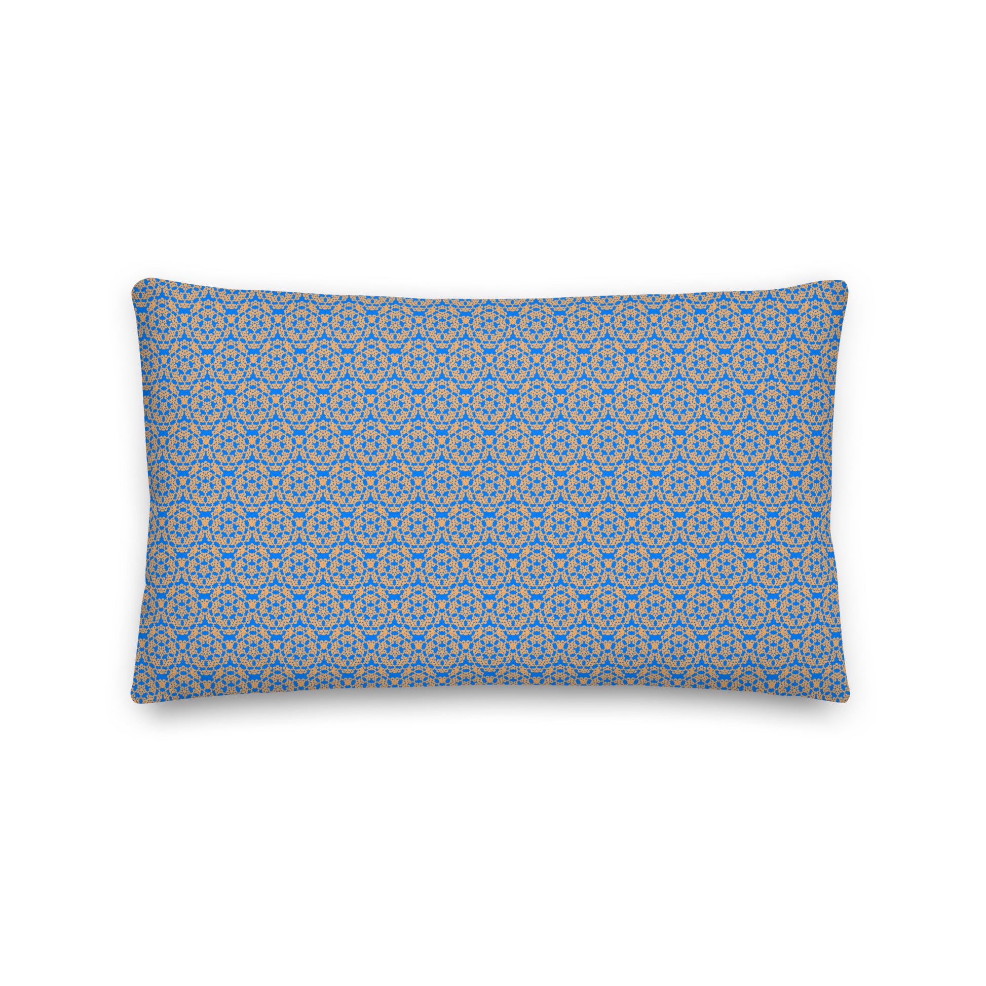 Back of the 20″×12″ premium throw pillow with the 'Pentagon' blue and yellow geometric pattern.