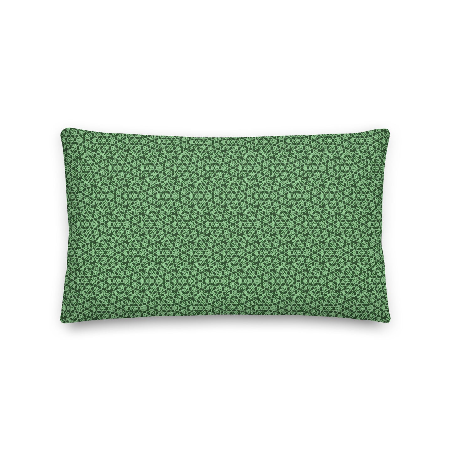 Back of the 20″×12″ premium throw pillow with the 'Heptagon' green geometric pattern.
