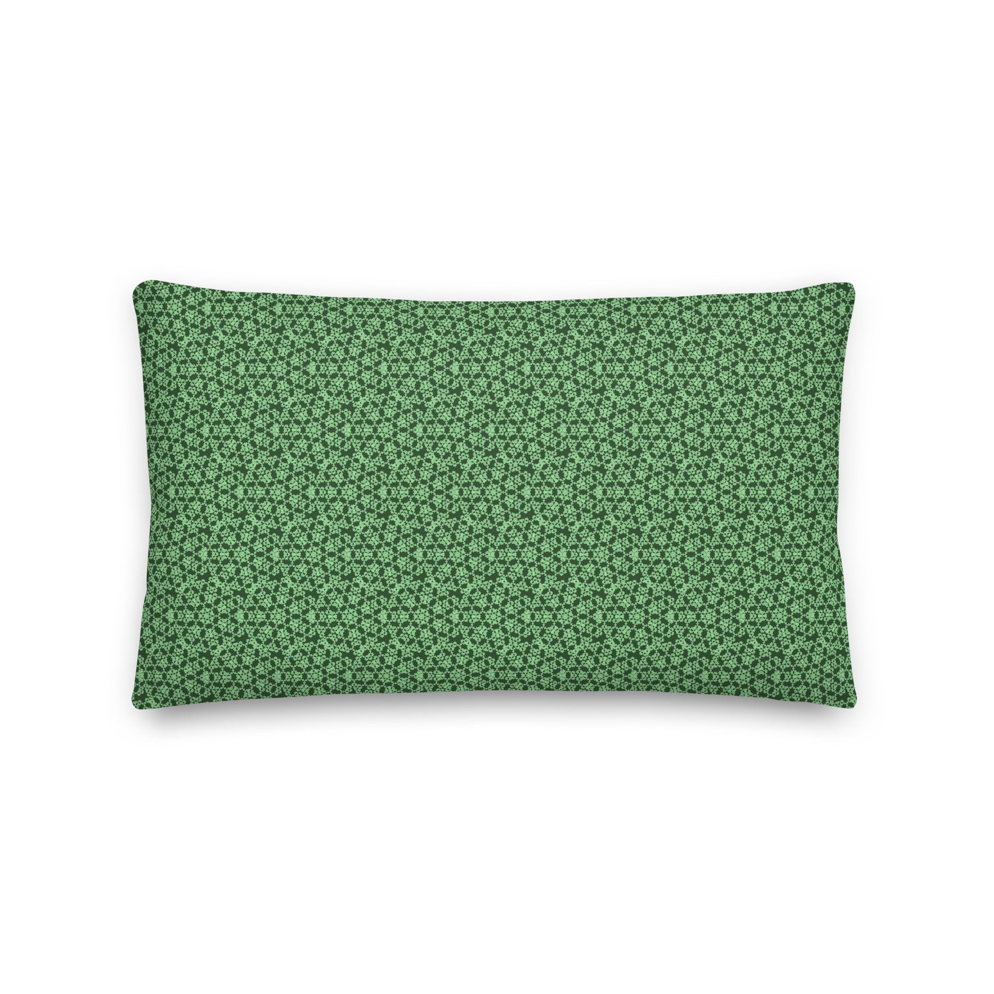 Back of the 20″×12″ premium throw pillow with the 'Heptagon' green geometric pattern.