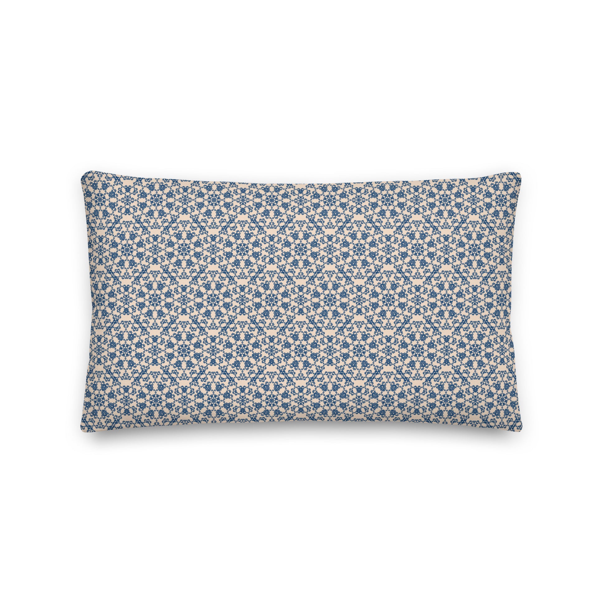 Back of the 20″×12″ premium throw pillow with the 'Octagon' navy and beige geometric pattern.