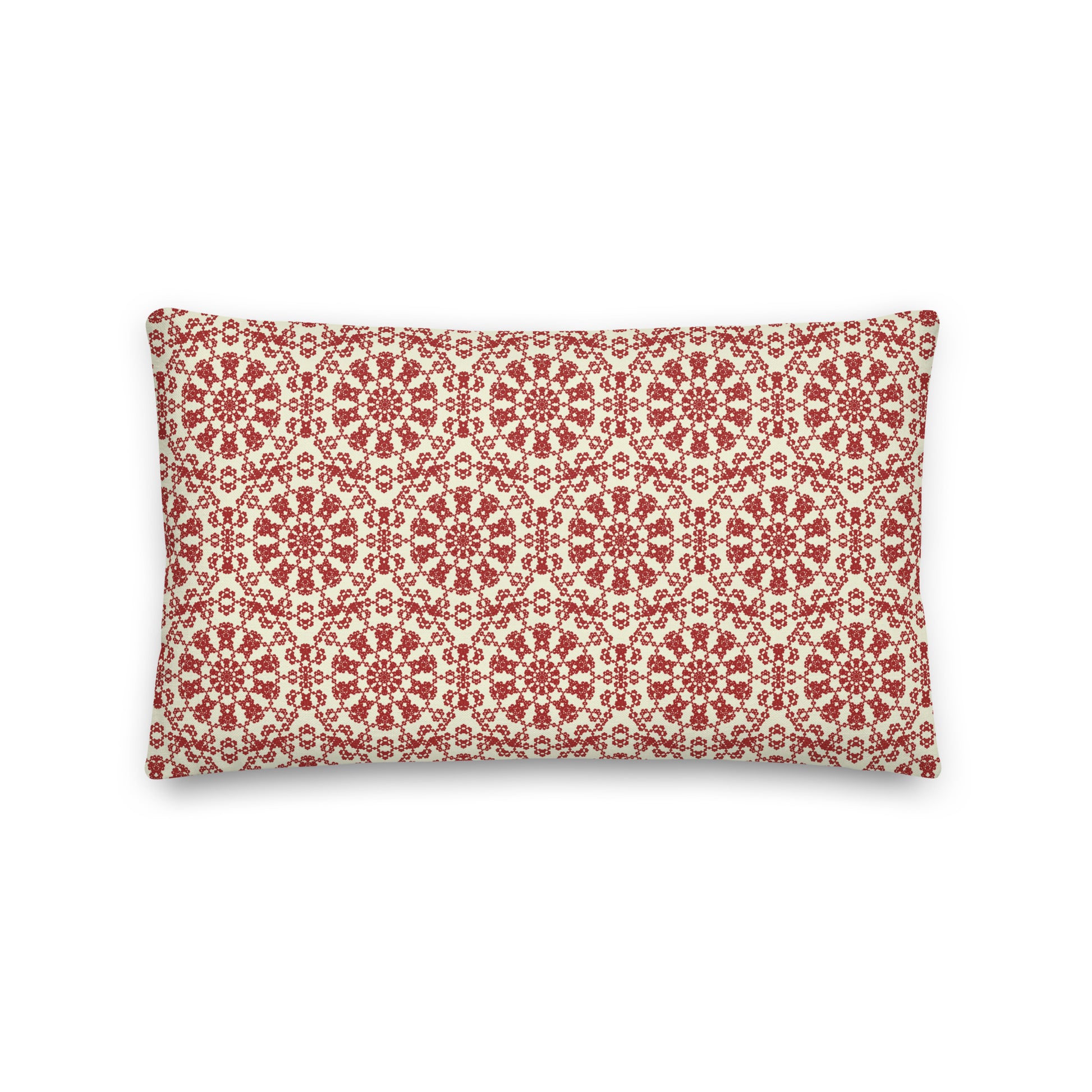 Back of the 20″×12″ premium throw pillow with the ‘Decagon’ terracotta and beige geometric pattern.