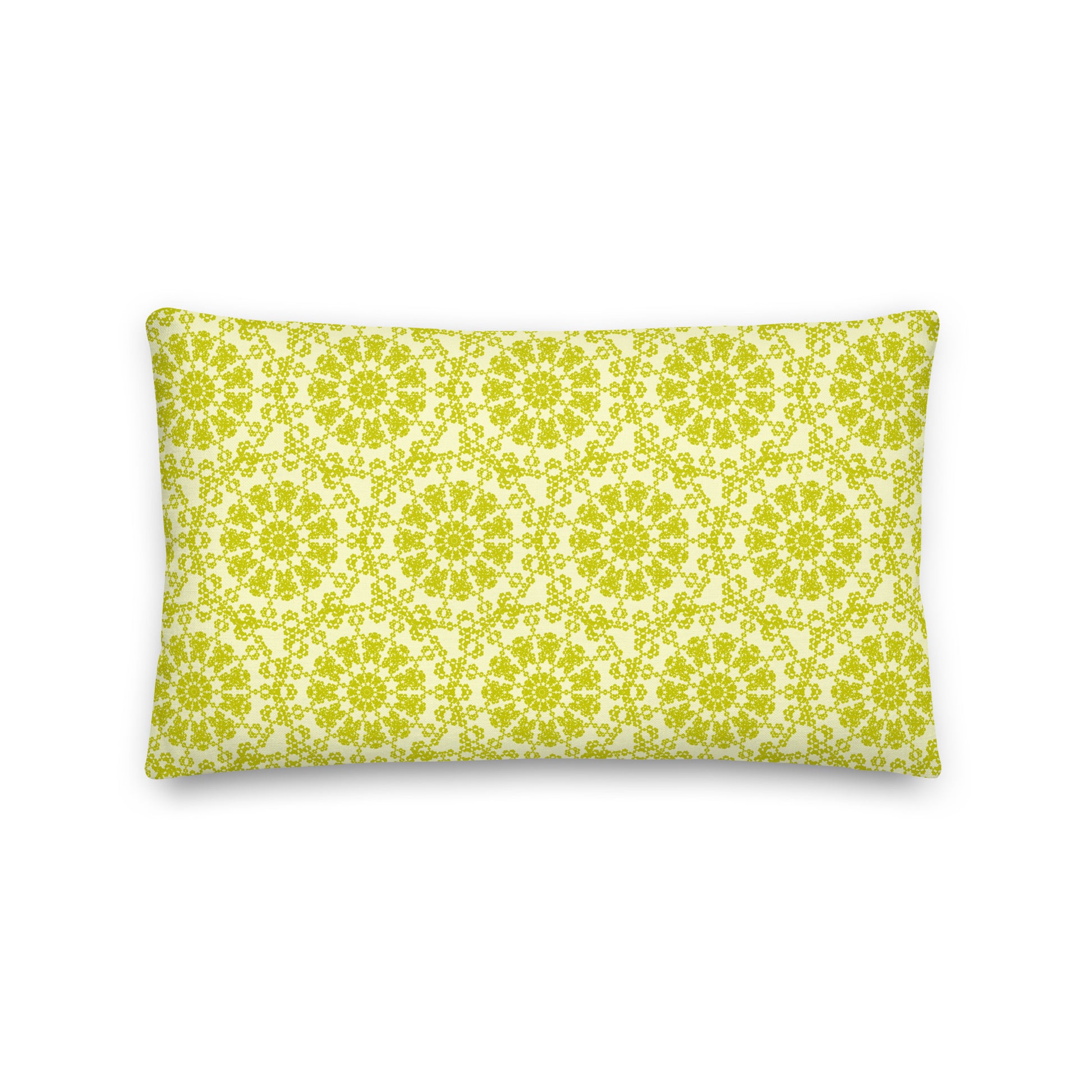 Back of the 20″×12″ premium throw pillow with the 'Hendecagon' yellow-green geometric pattern