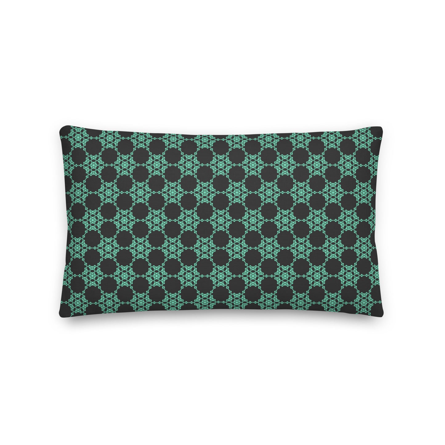 Front of the 20″×12″ premium throw pillow with the 'Flowers Victory' dark grey and green geometric pattern.