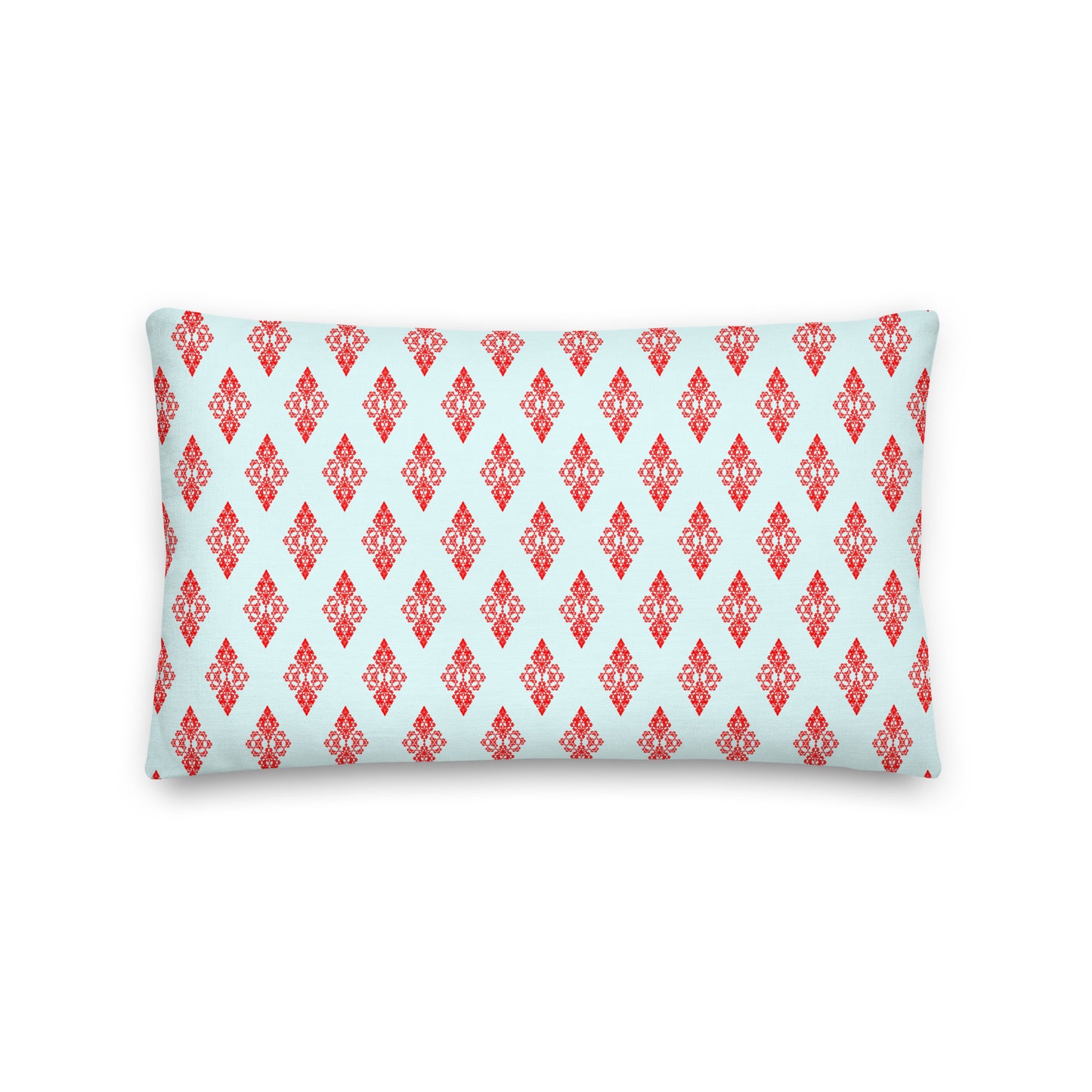 Front of the 20″×12″ premium throw pillow with the 'Digon' sky blue and red geometric pattern.