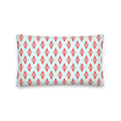 Front of the 20″×12″ premium throw pillow with the 'Digon' sky blue and red geometric pattern.