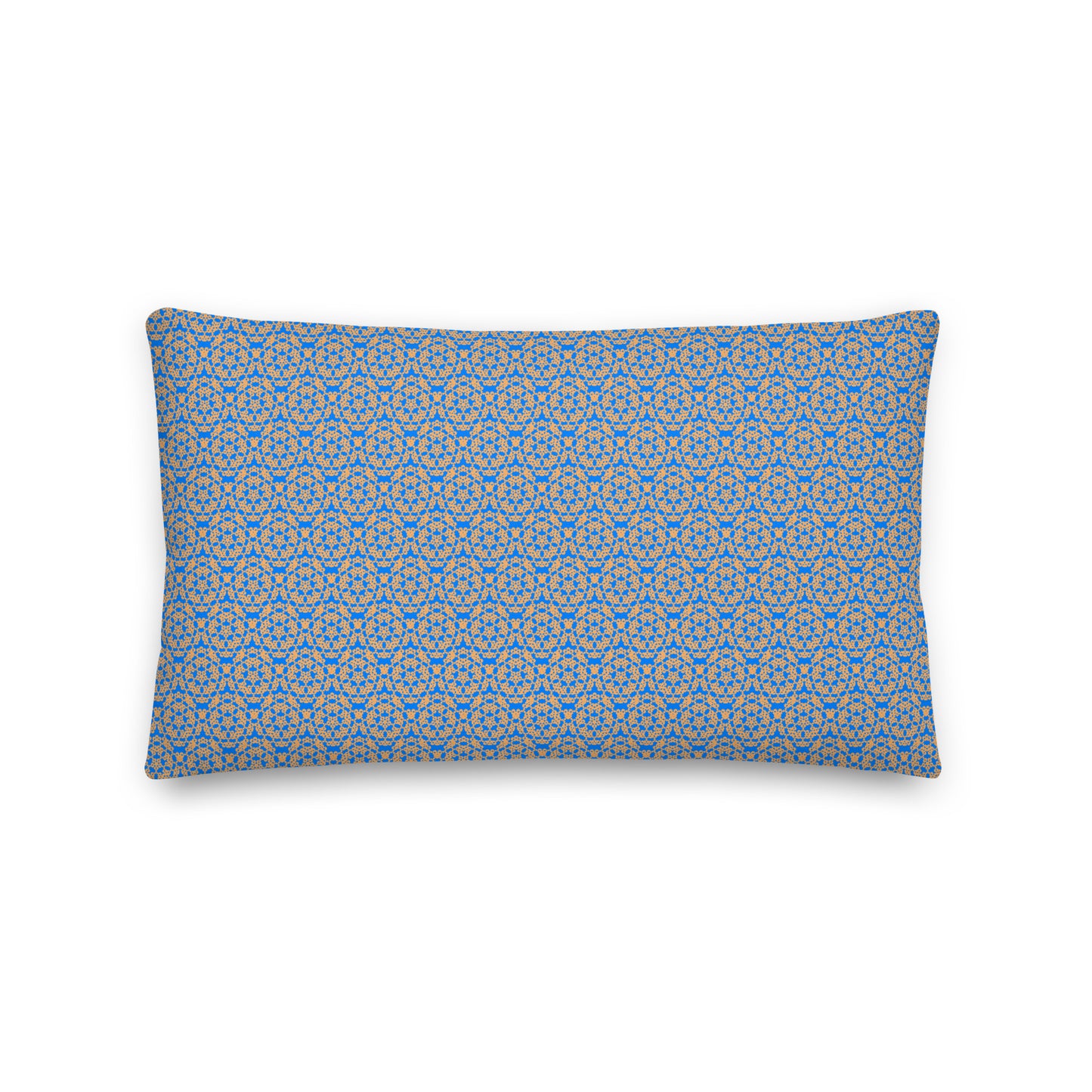 Front of the 20″×12″ premium throw pillow with the 'Pentagon' blue and yellow geometric pattern.