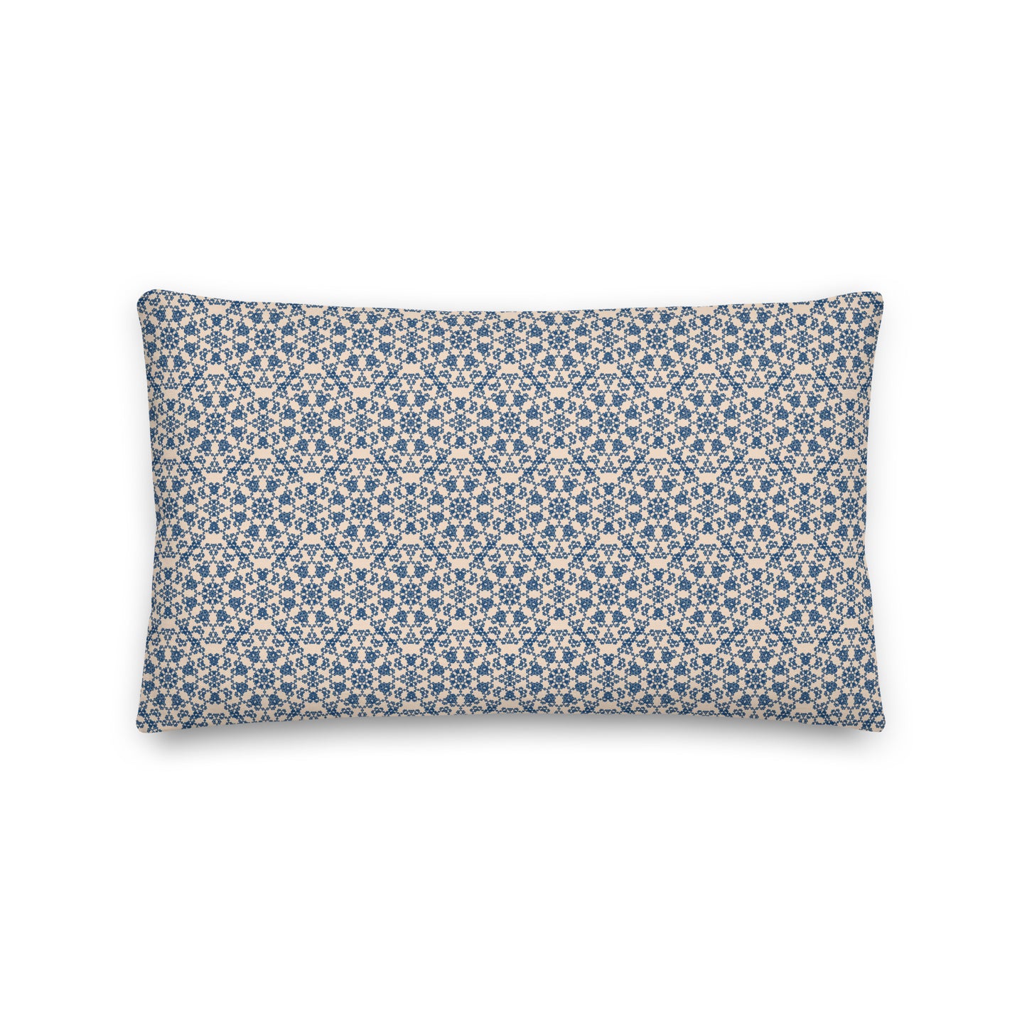 Front of the 20″×12″ premium throw pillow with the 'Octagon' navy and beige geometric pattern.