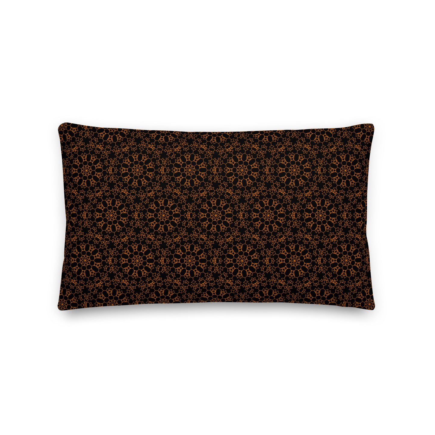 Front of the 20″×12″ premium throw pillow with the 'Enneagon' black & gold geometric pattern.