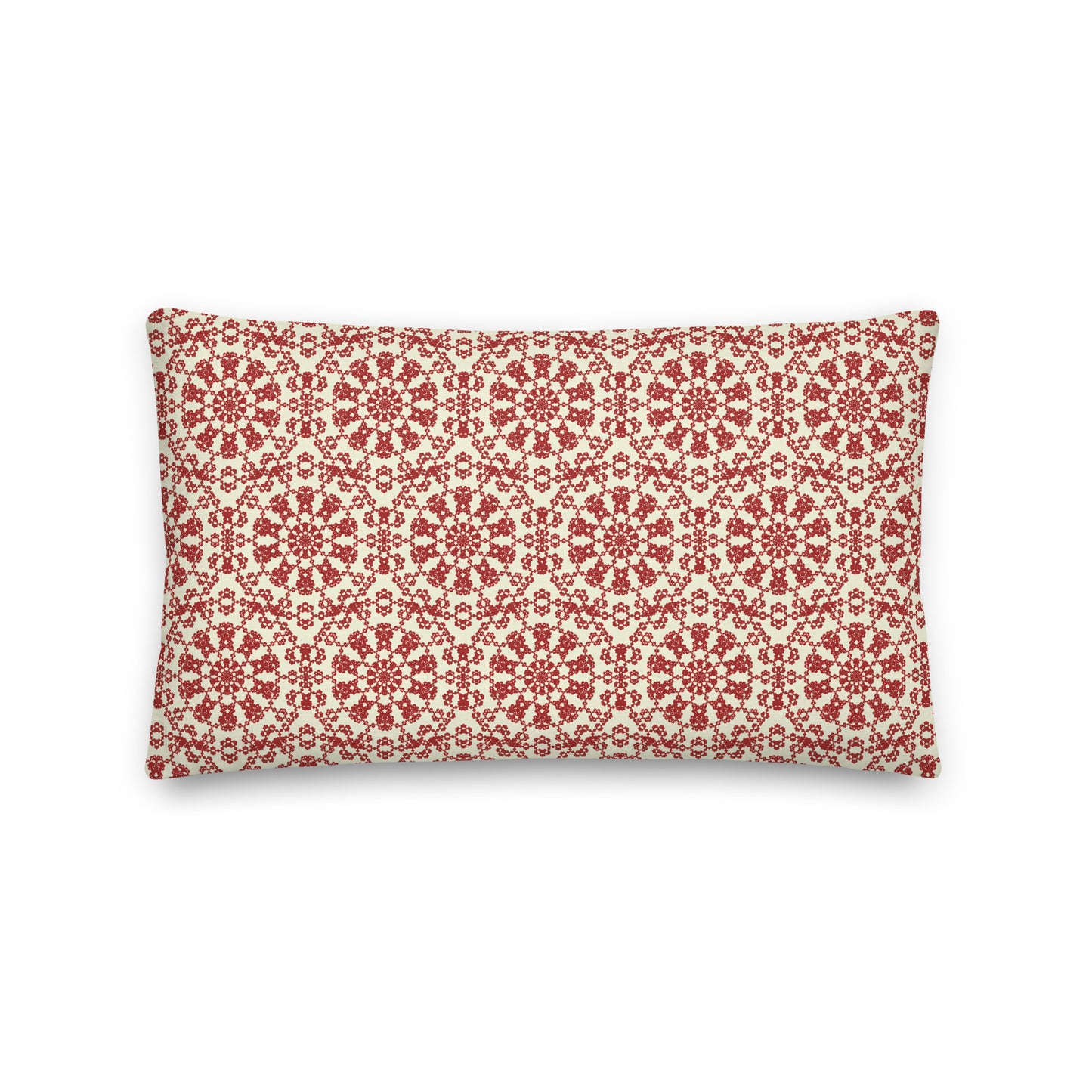 Front of the 20″×12″ premium throw pillow with the ‘Decagon’ terracotta and beige geometric pattern.