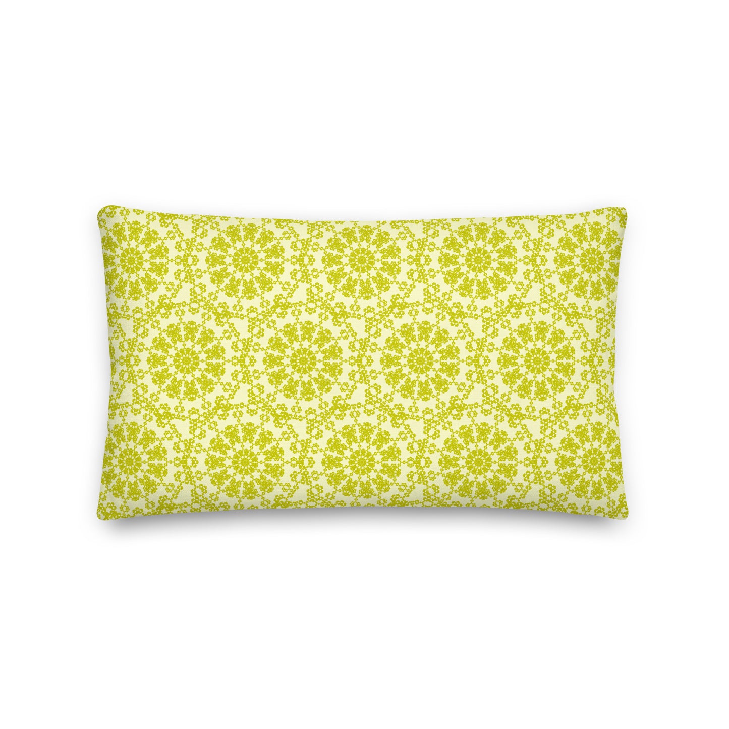 Front of the 20″×12″ premium throw pillow with the 'Hendecagon' yellow-green geometric pattern