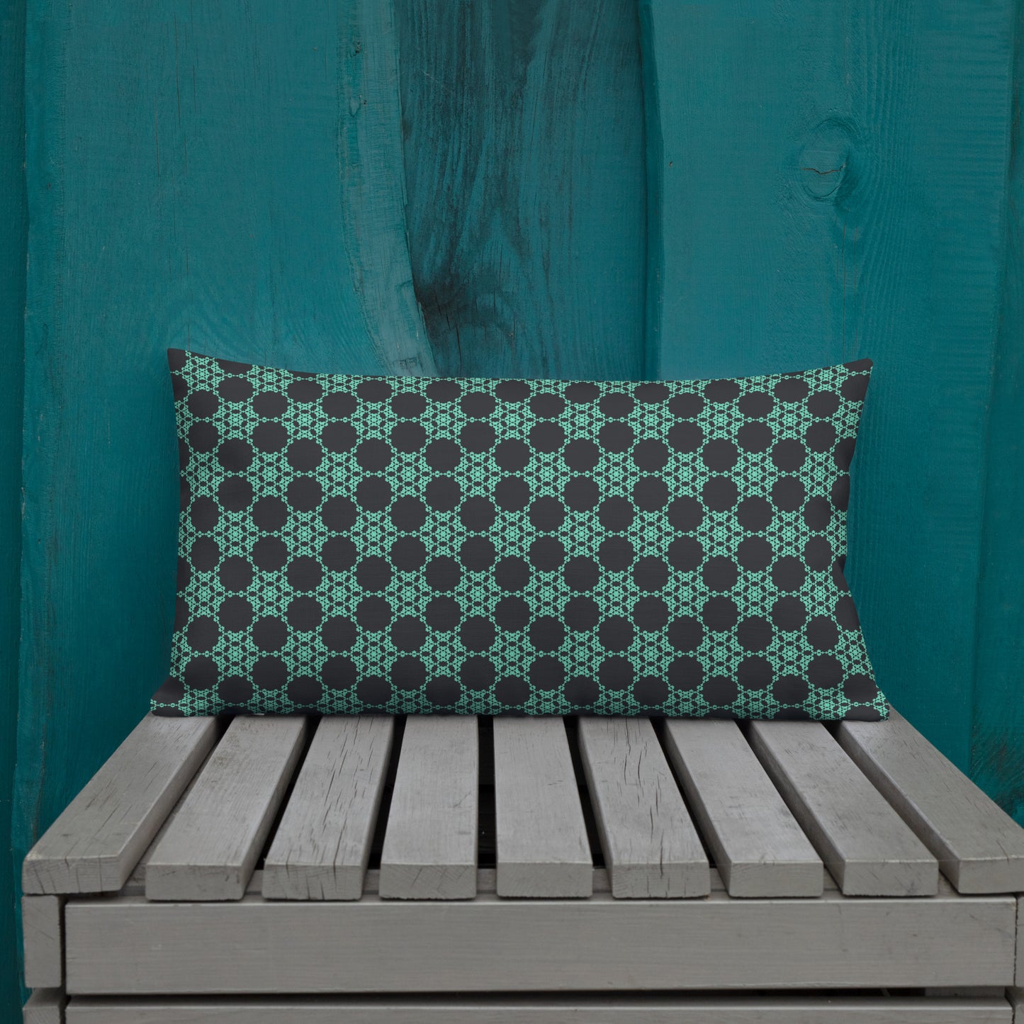 20″×12″ premium throw pillow with the 'Flowers Victory' charcoal and mint geometric pattern shown in a lifestyle setting.