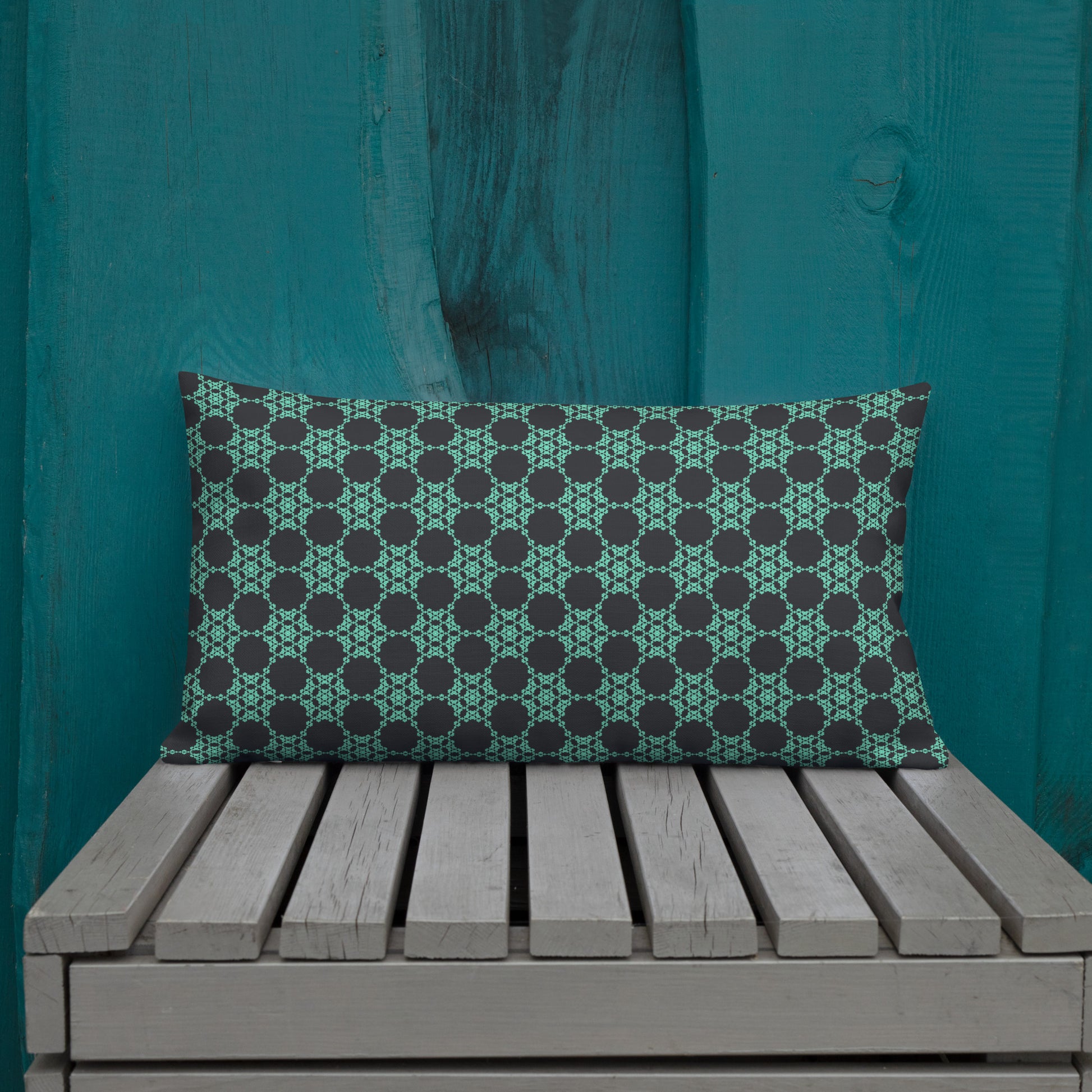20″×12″ premium throw pillow with the 'Flowers Victory' charcoal and mint geometric pattern shown in a lifestyle setting.