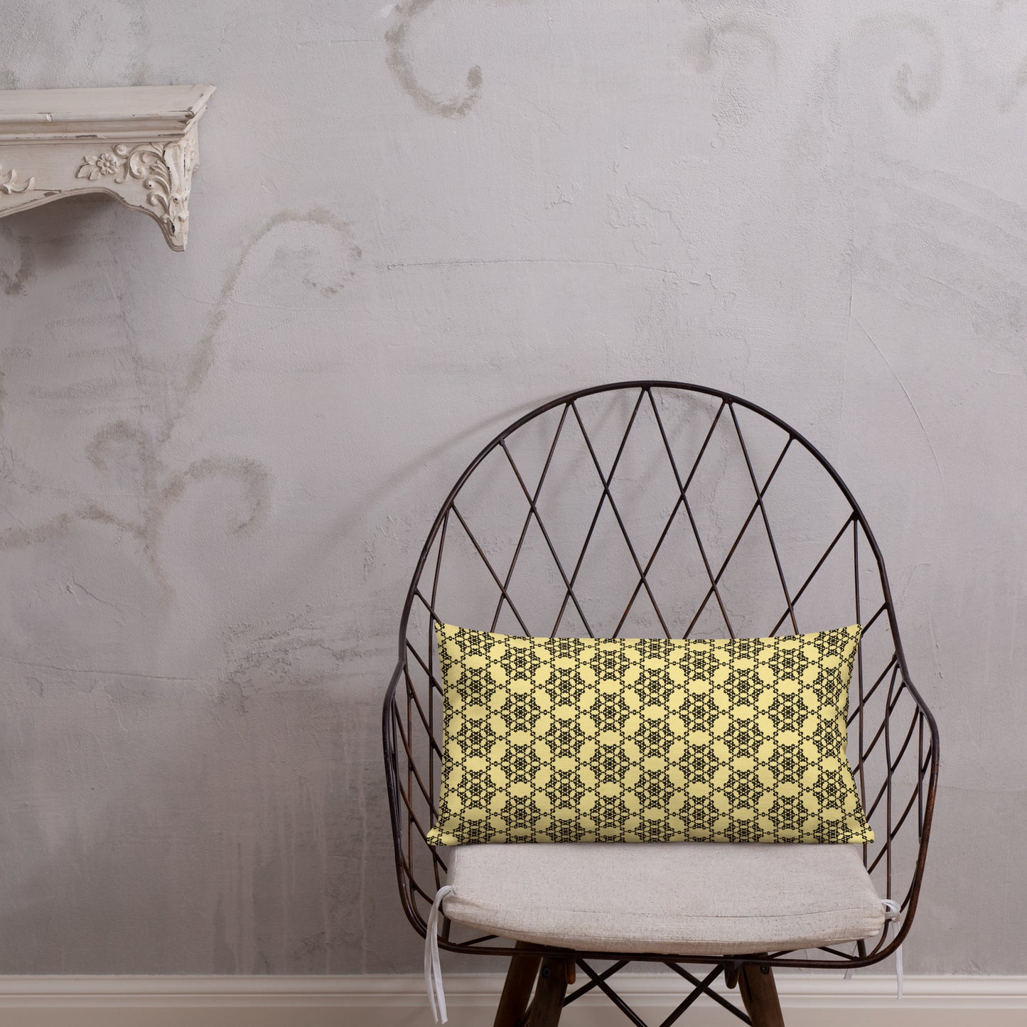 20″×12″ premium throw pillow with the 'Hexagon' yellow and black geometric pattern shown in a lifestyle setting.