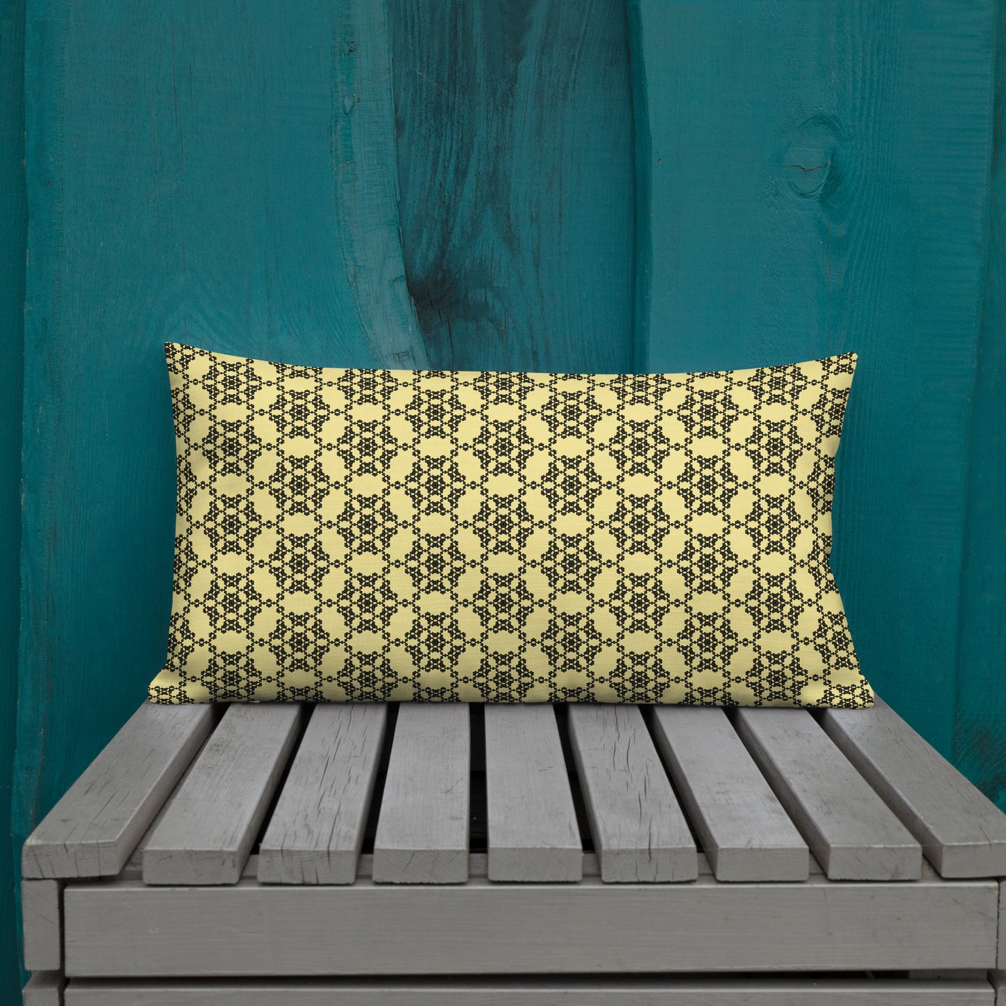 20″×12″ premium throw pillow with the 'Hexagon' yellow and black geometric pattern shown in a lifestyle setting.