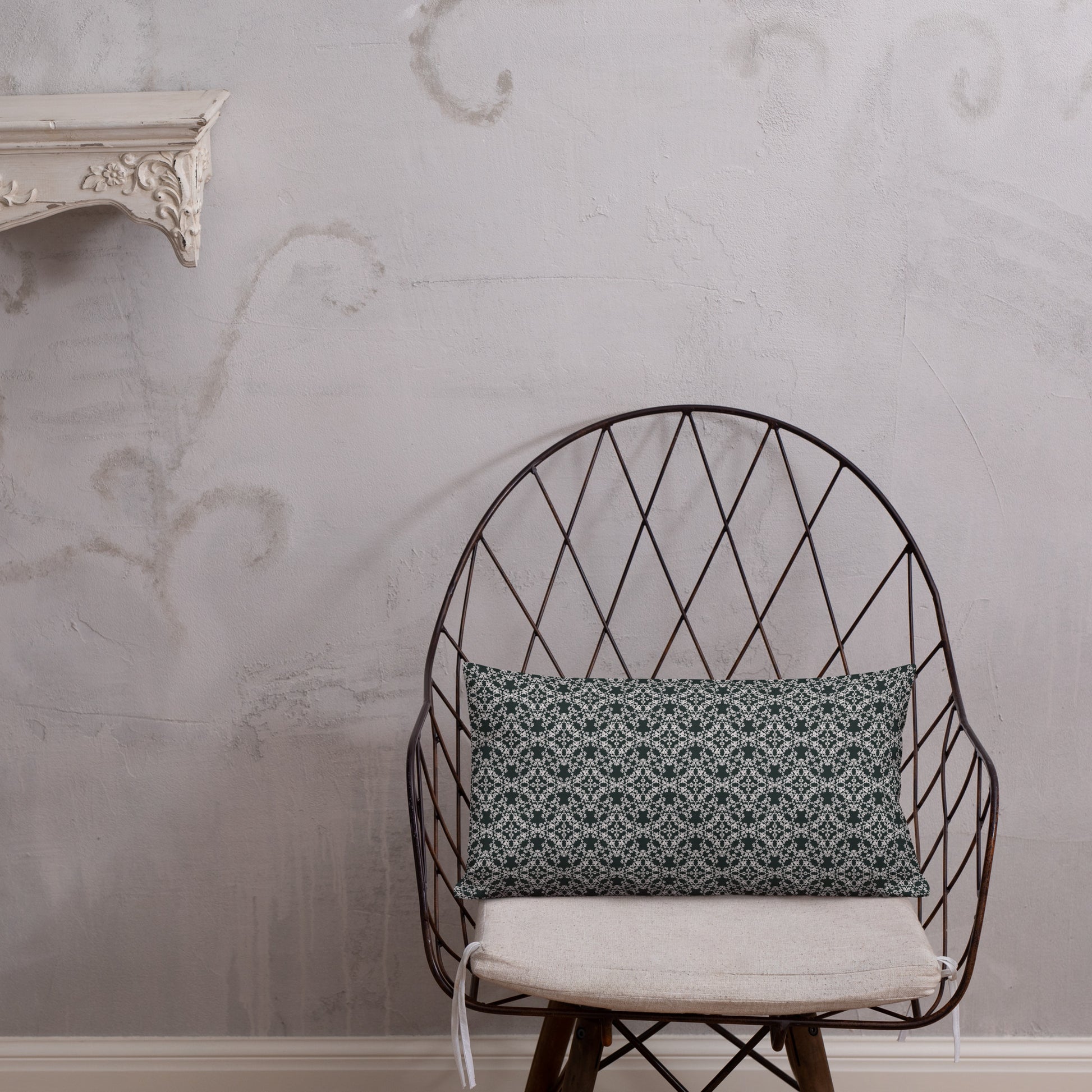 20″×12″ premium throw pillow with the 'Tetragon' charcoal and white geometric pattern shown in a lifestyle setting.