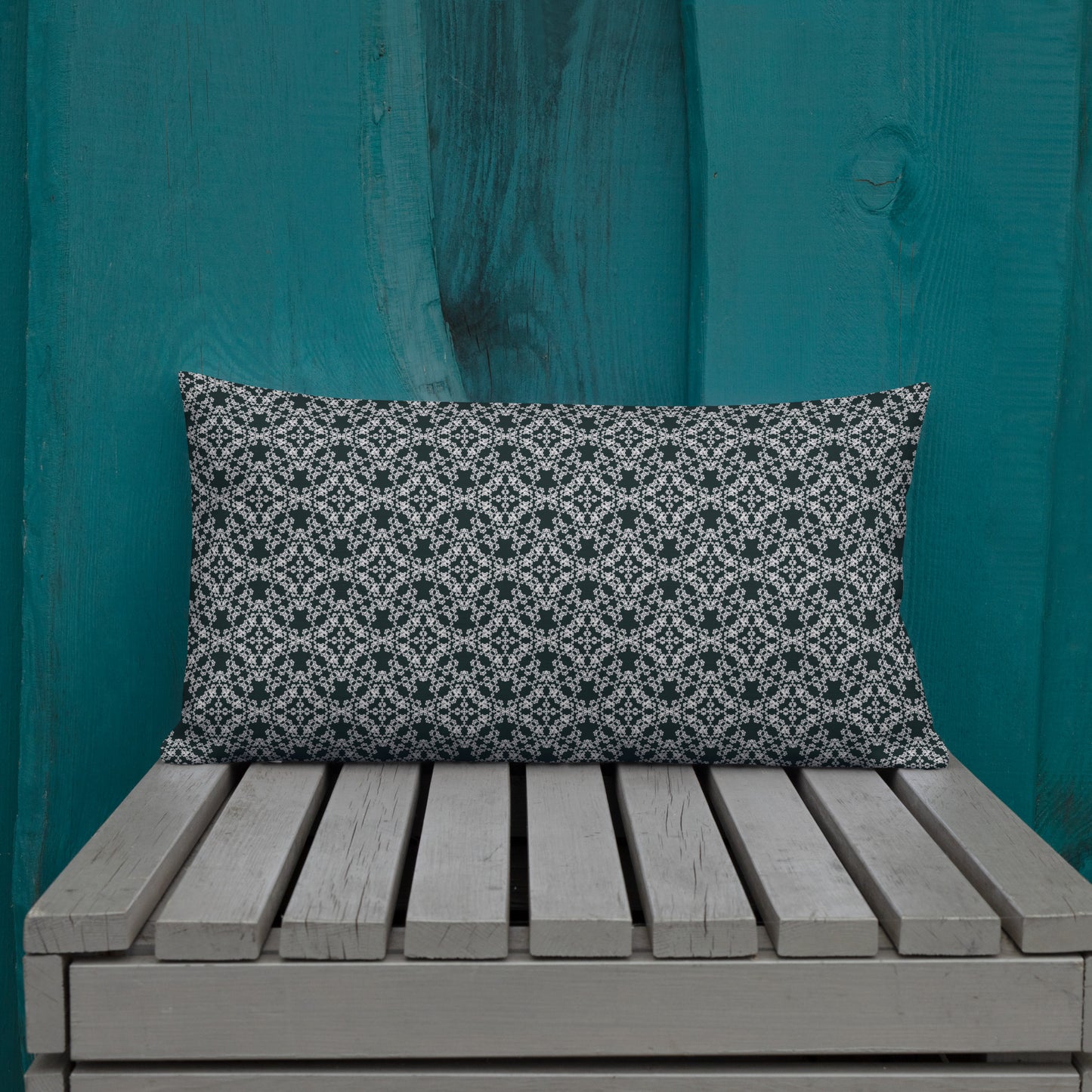 20″×12″ premium throw pillow with the 'Tetragon' charcoal and white geometric pattern shown in a lifestyle setting.