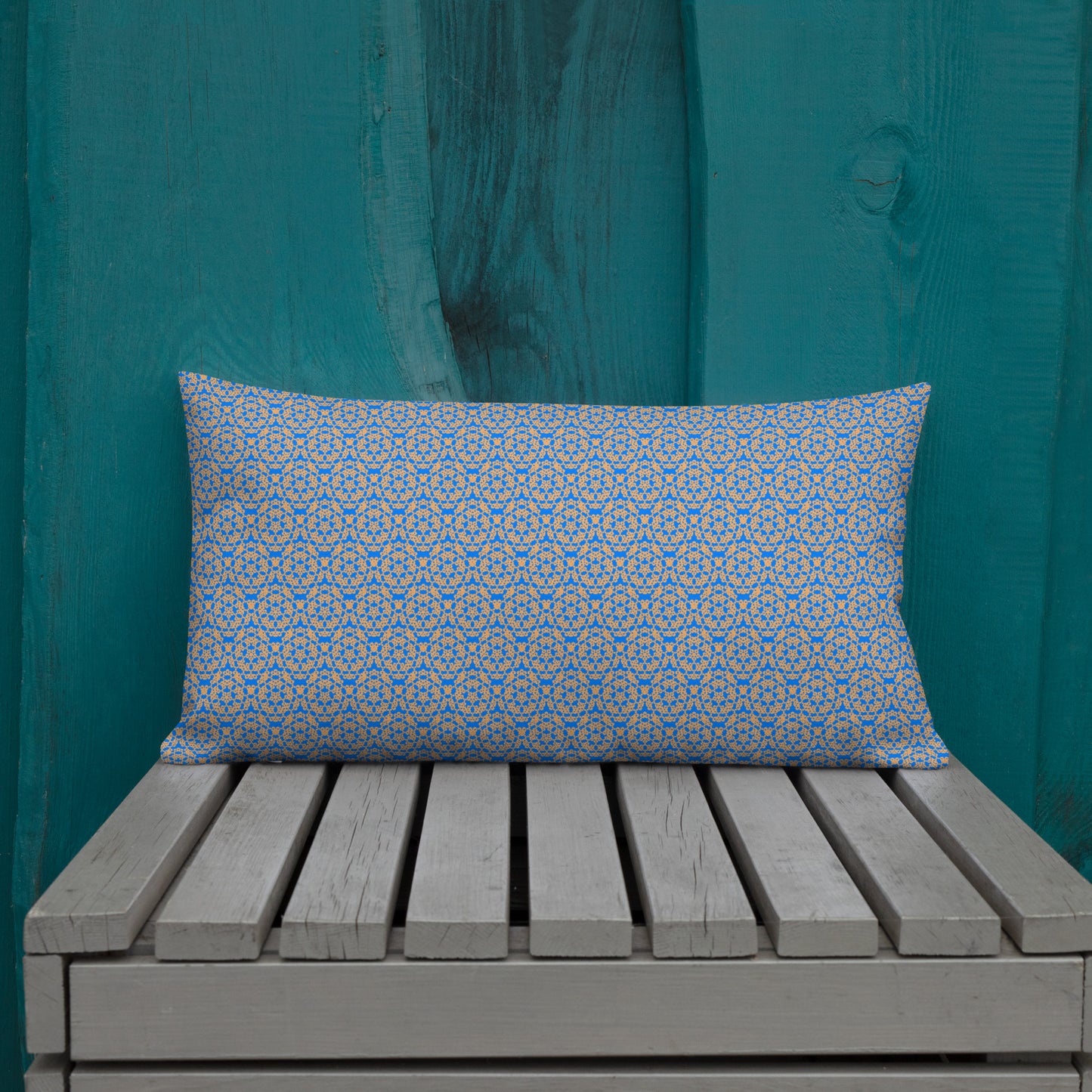 20″×12″ premium throw pillow with the 'Pentagon' blue and yellow geometric pattern shown in a lifestyle setting.